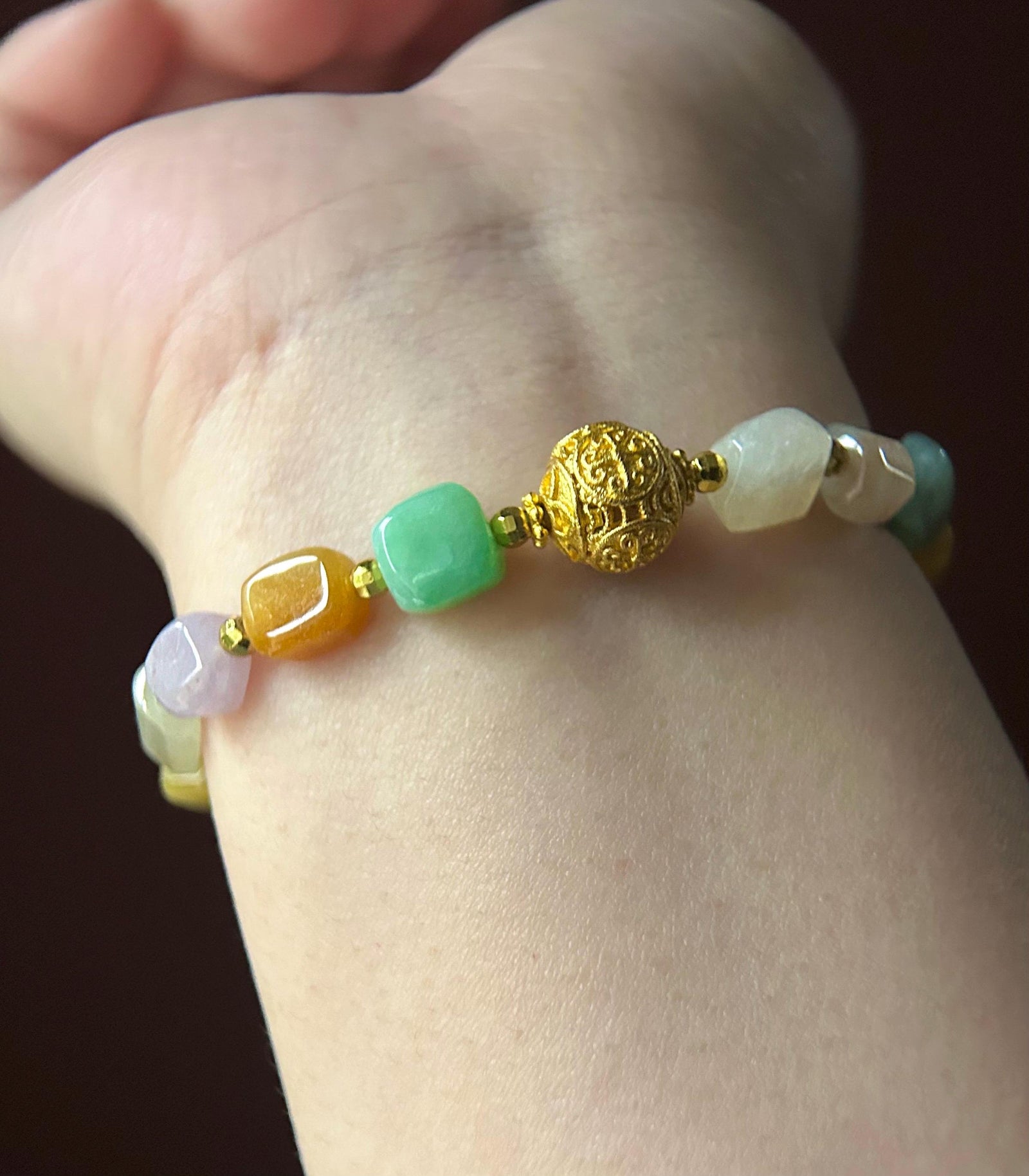Natural Jadeite Beaded Bracelet Burmese Type A Icy Translucent Vivid Multicolor Ice Cube Jade 7-8mm