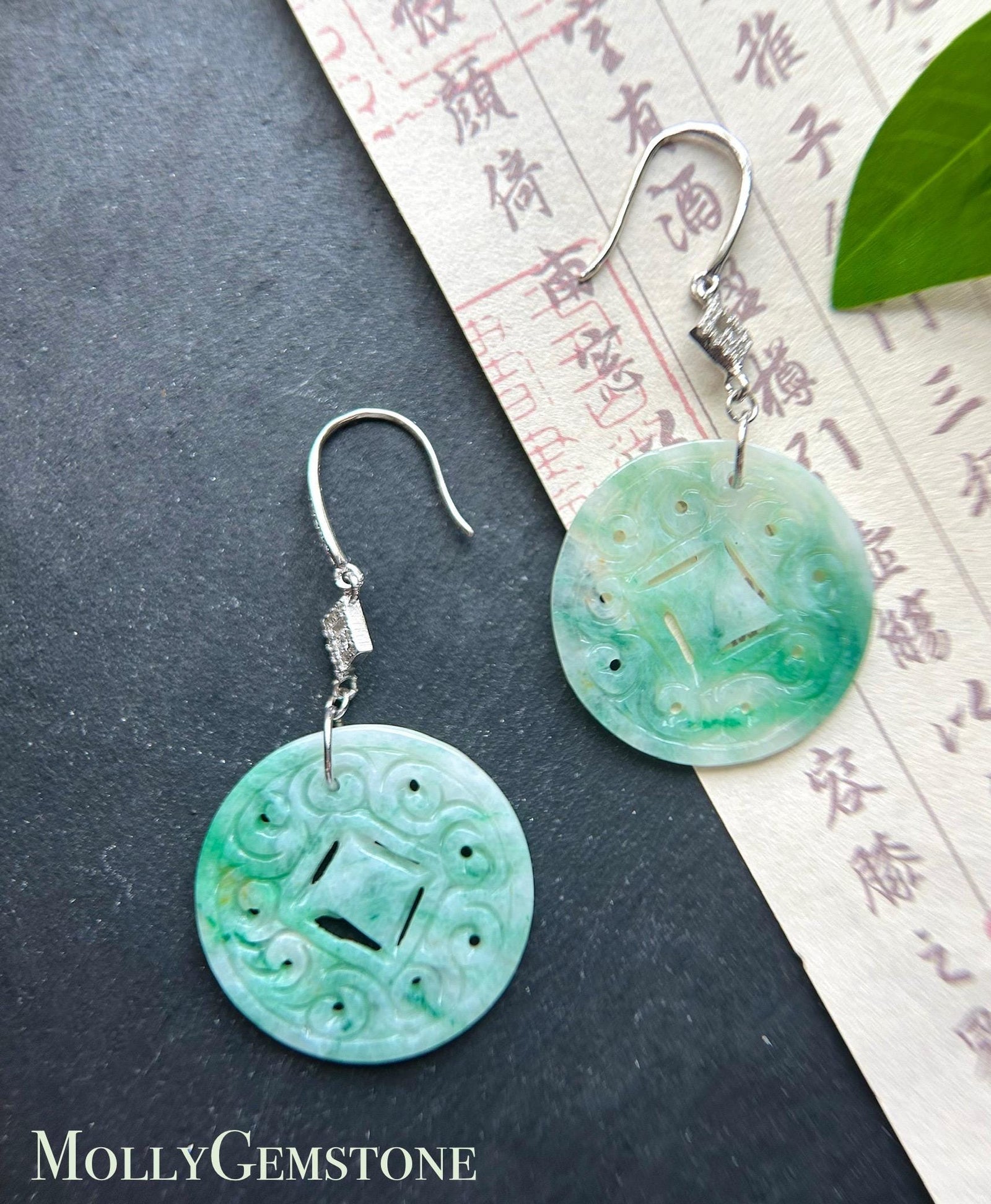 Jadeite Jade & Silver Earrings Handcrafted Jewelry Gift for Her Natural Burmese Type A Icy Translucent Gelatinous Icy Green Floral Jade