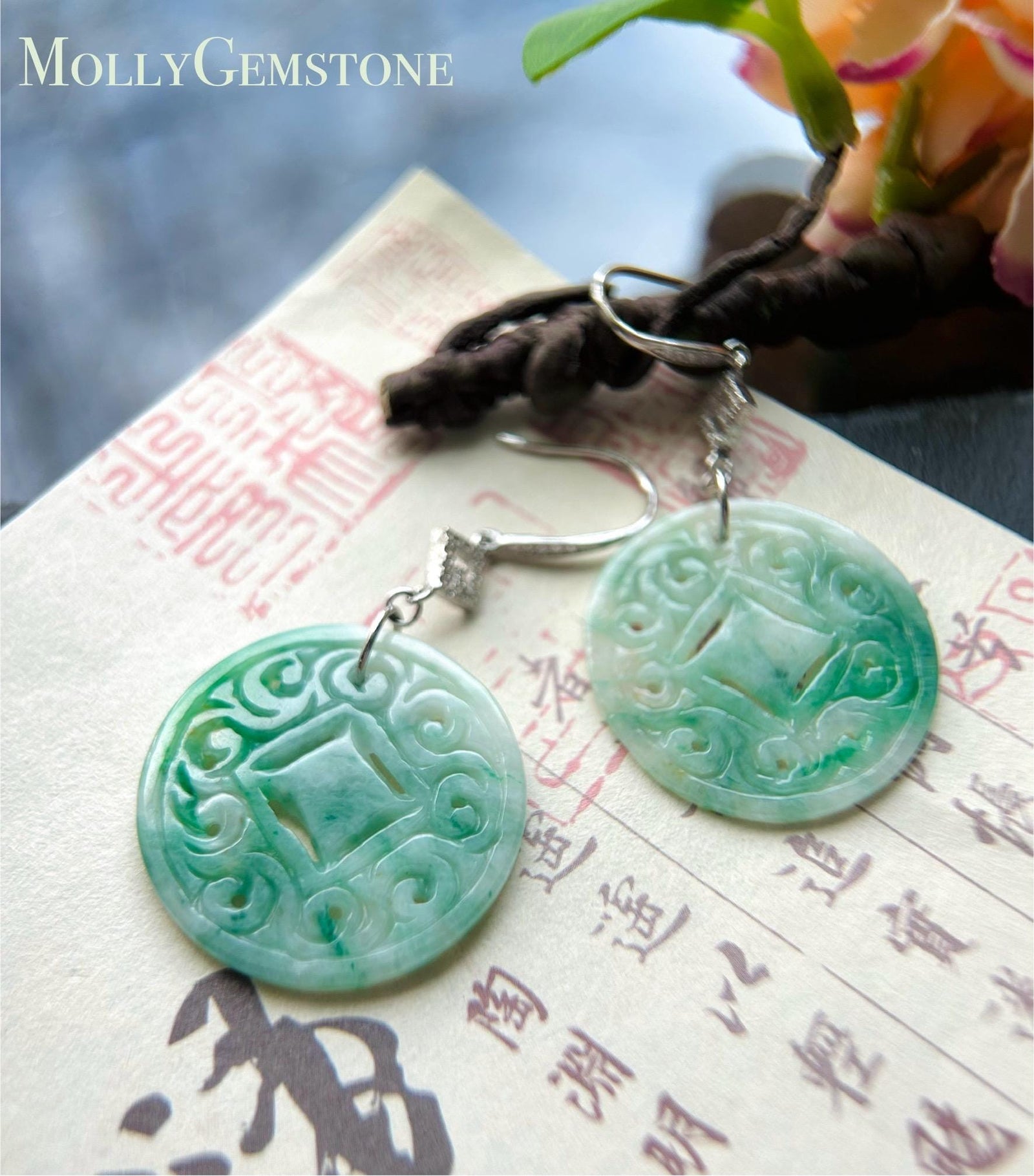 Jadeite Jade & Silver Earrings Handcrafted Jewelry Gift for Her Natural Burmese Type A Icy Translucent Gelatinous Icy Green Floral Jade