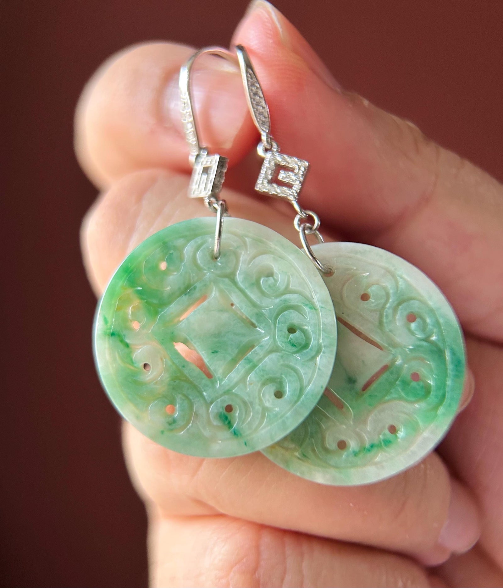 Jadeite Jade & Silver Earrings Handcrafted Jewelry Gift for Her Natural Burmese Type A Icy Translucent Gelatinous Icy Green Floral Jade