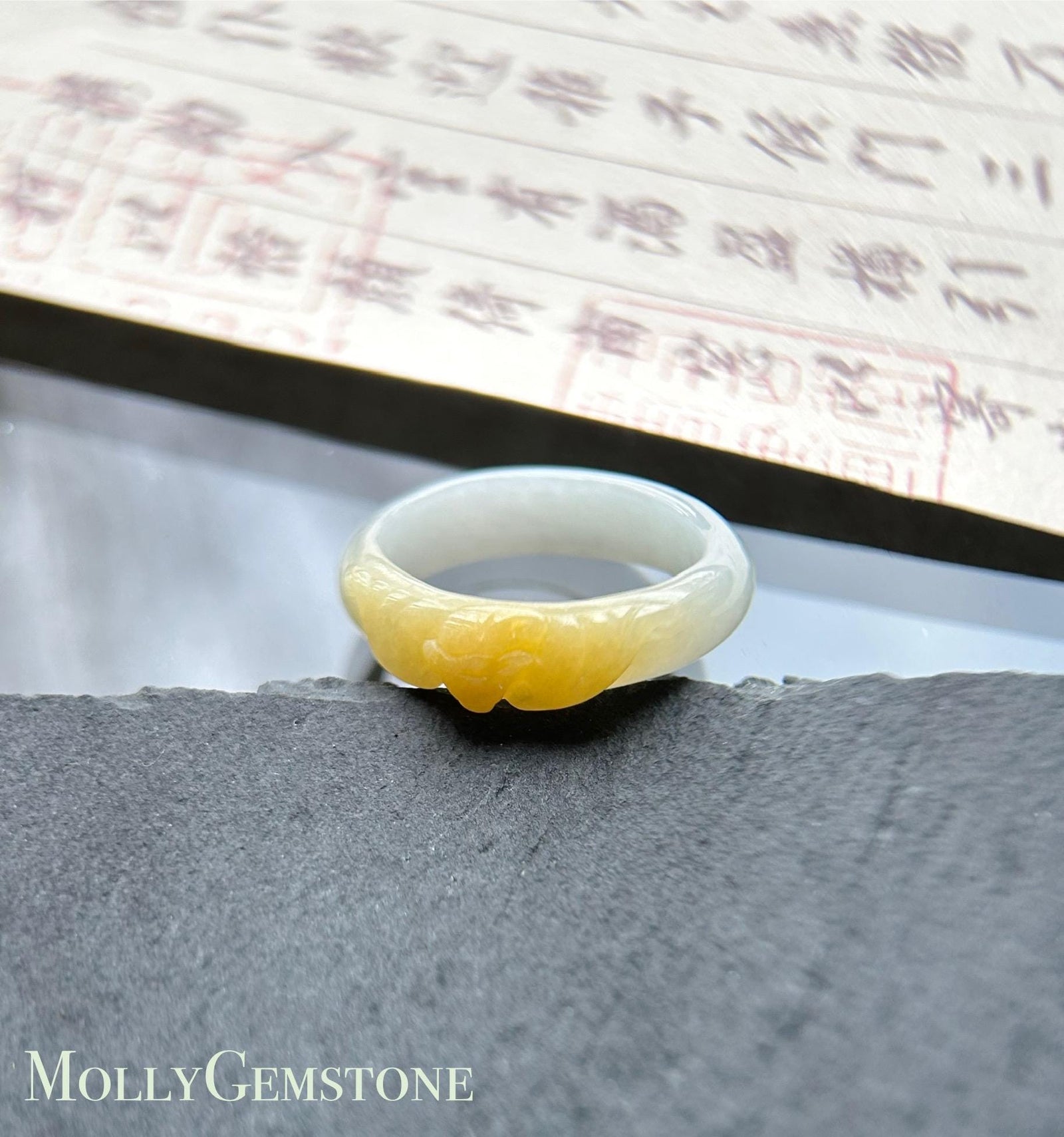 Natural Jadeite Ring Band: Burmese Type A fine glutinous Icy Yellow Jade Bat US-8/ US-7
