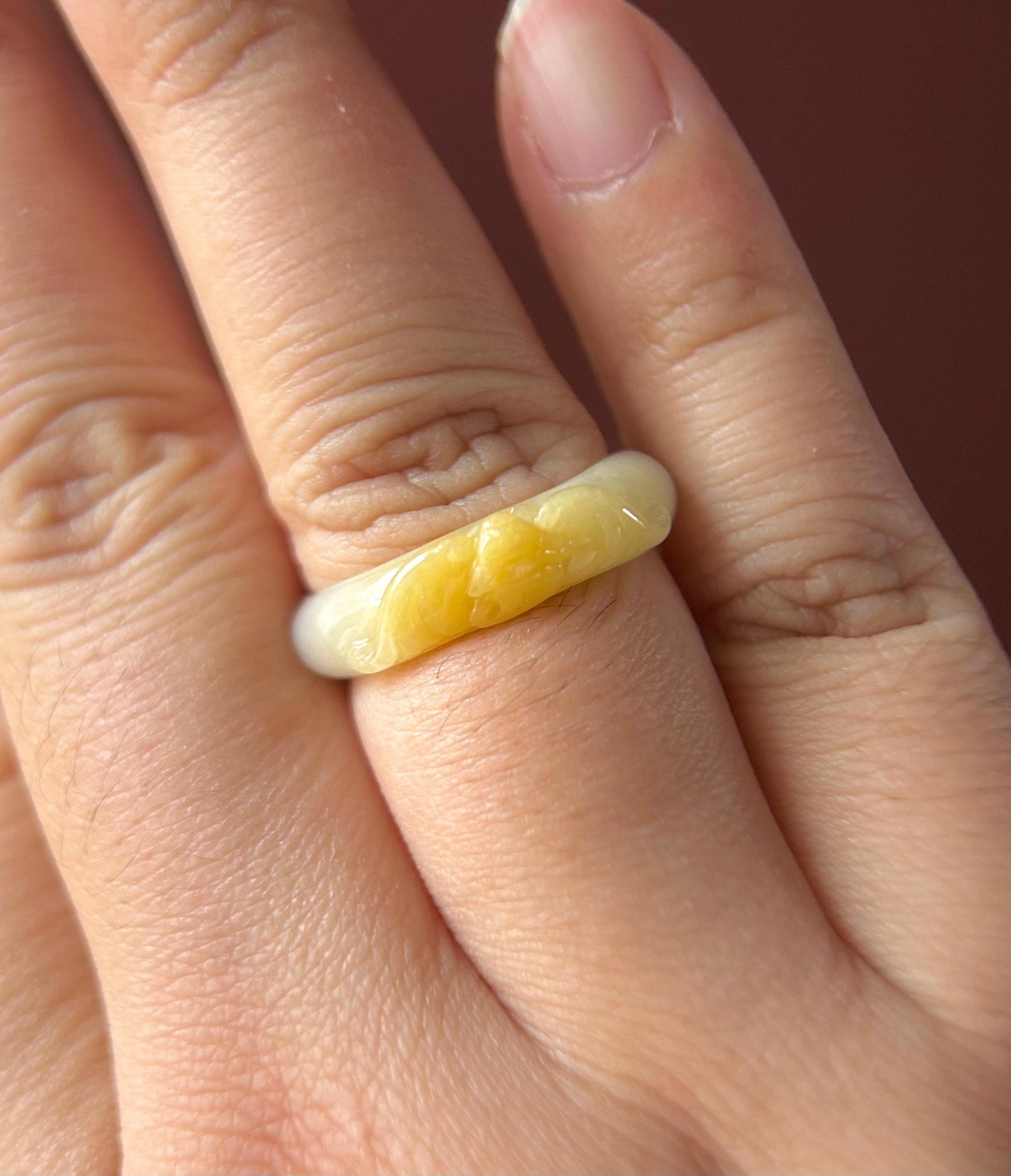 Natural Jadeite Ring Band: Burmese Type A fine glutinous Icy Yellow Jade Bat US-8/ US-7