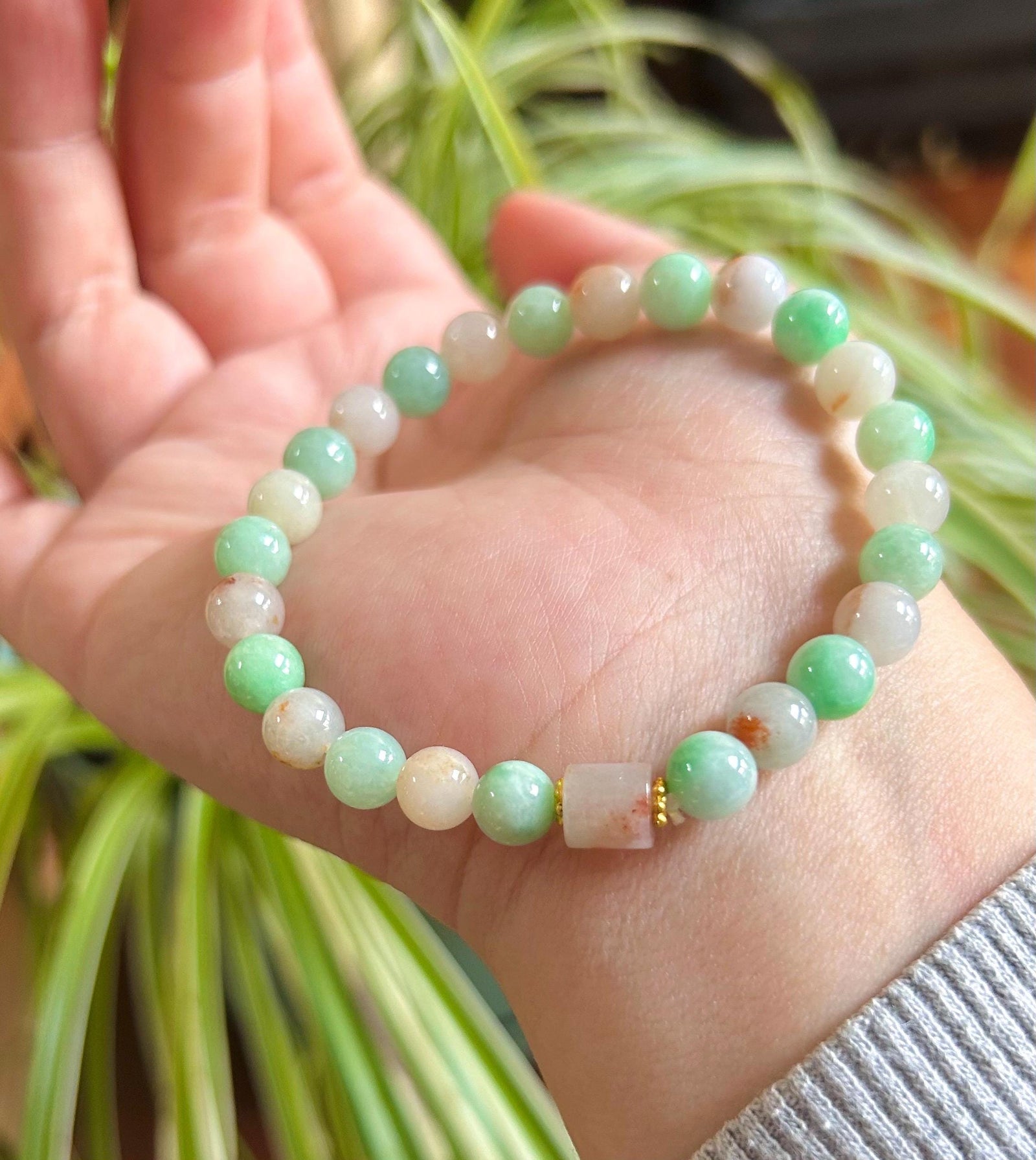 Natural Burmese Jadeite Beaded Bracelet: Type A Icy Translucent Apple Green and Red Floral Myanmar 7mm Jade Untreated