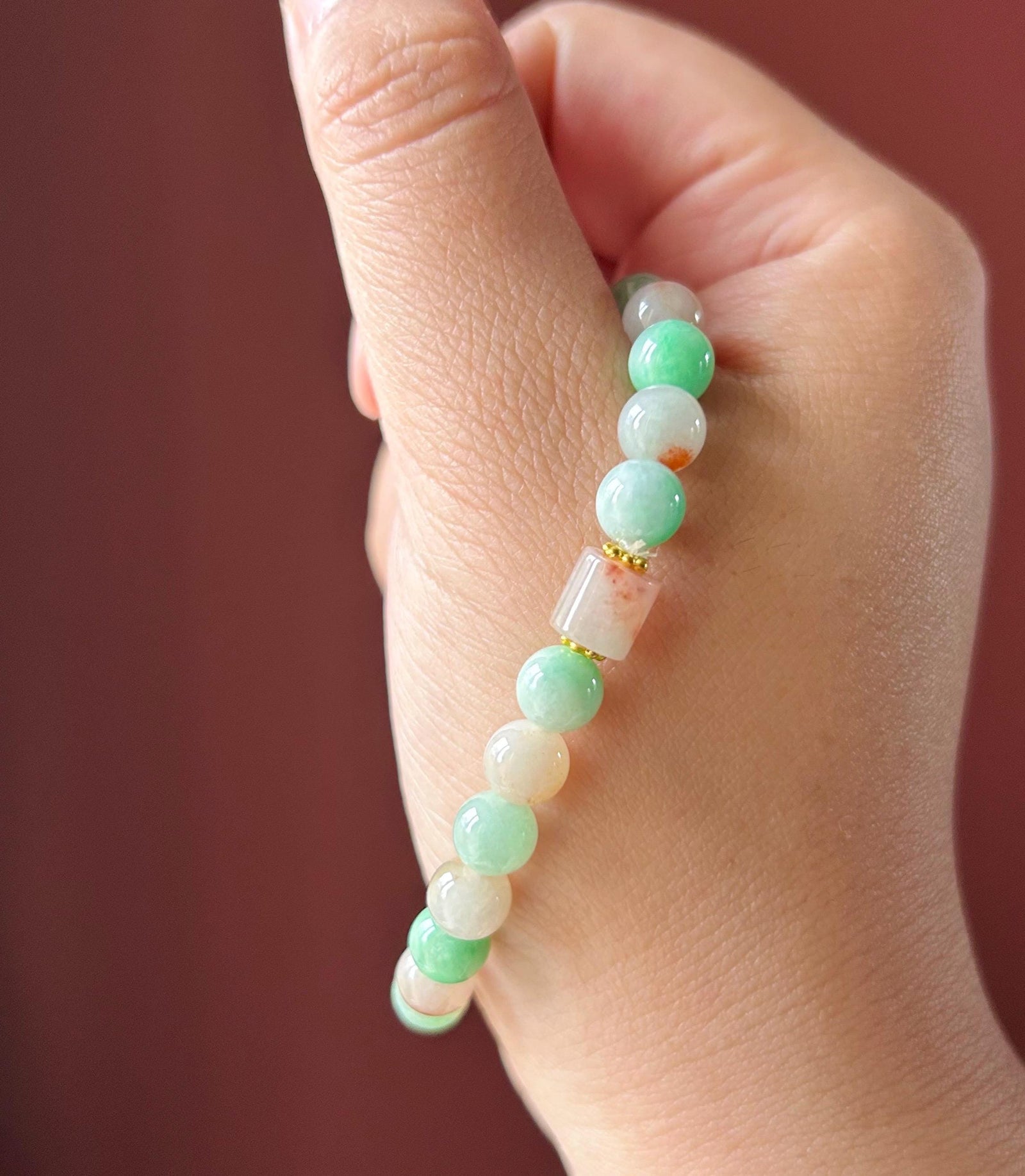 Natural Burmese Jadeite Beaded Bracelet: Type A Icy Translucent Apple Green and Red Floral Myanmar 7mm Jade Untreated