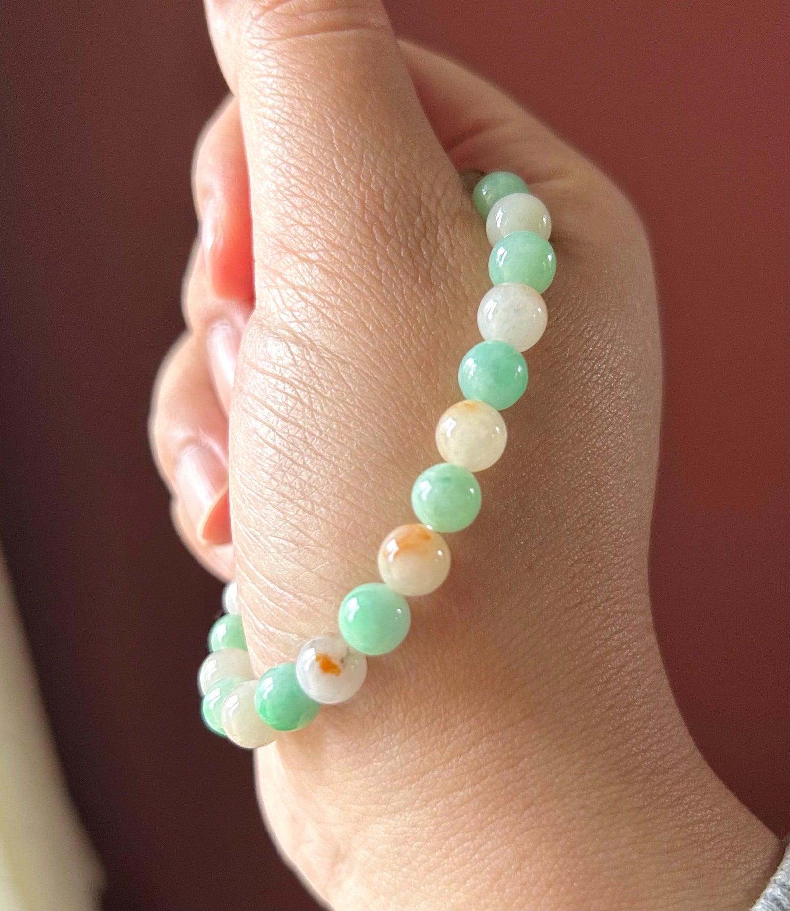 Natural Burmese Jadeite Beaded Bracelet: Type A Icy Translucent Apple Green and Red Floral Myanmar 7mm Jade Untreated