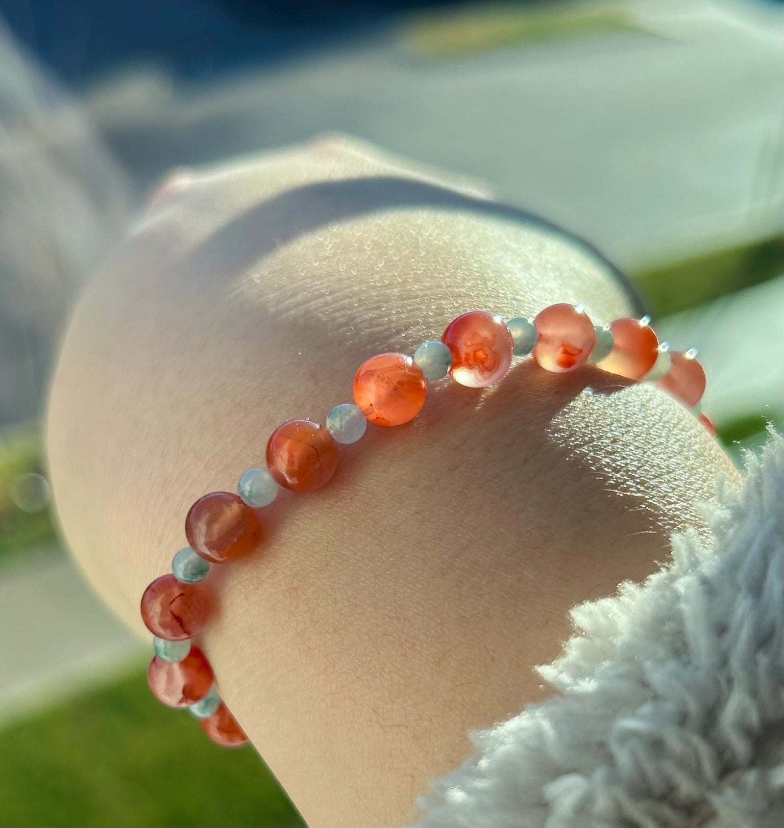 Natural Nanhong Agate & Burmese Jadeite Beaded Bracelet Type A Icy Translucent Blue Floral Jade 3.5mm, Red Agate 6.5mm