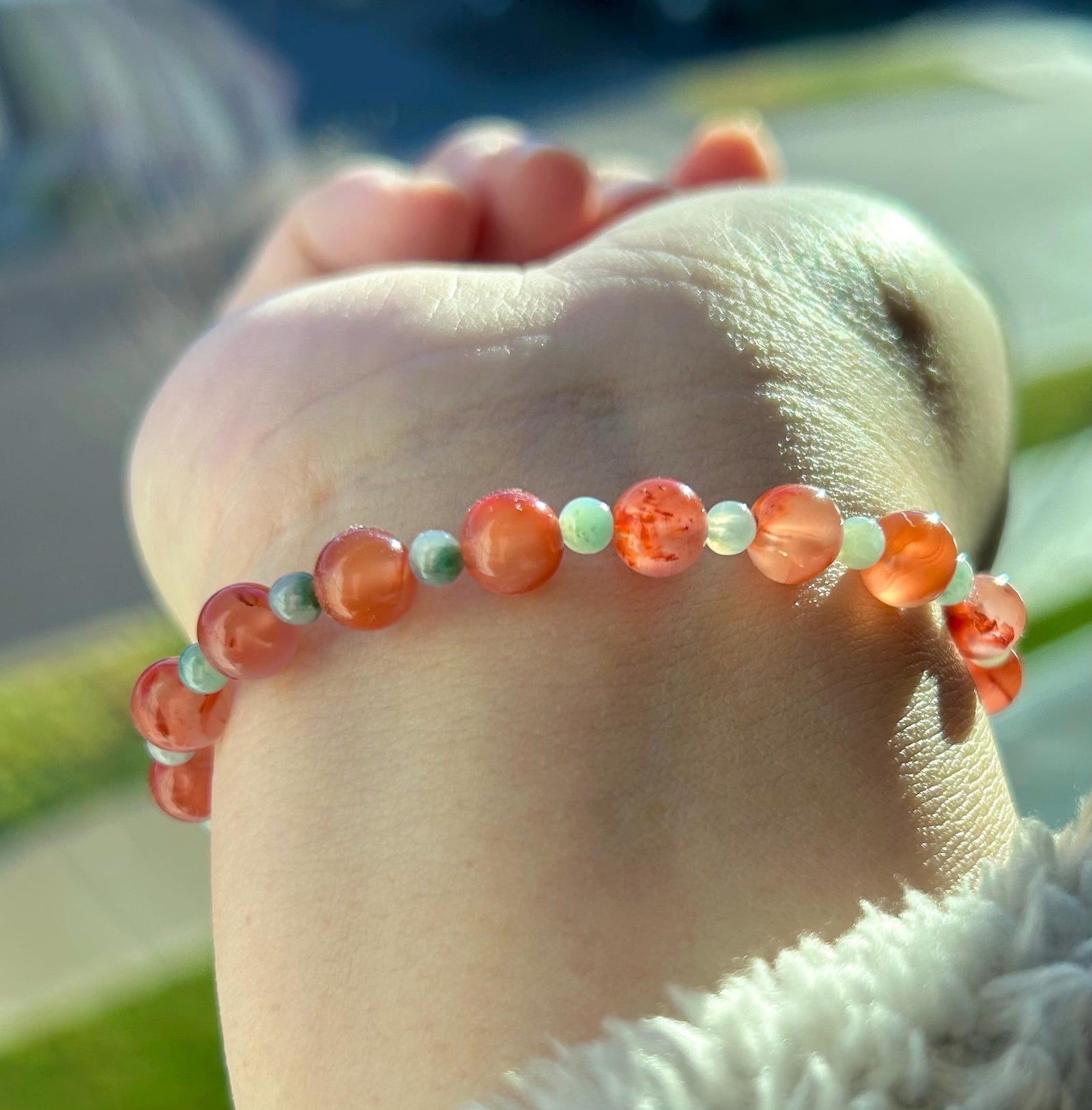 Natural Nanhong Agate & Burmese Jadeite Beaded Bracelet Type A Icy Translucent Blue Floral Jade 3.5mm, Red Agate 6.5mm