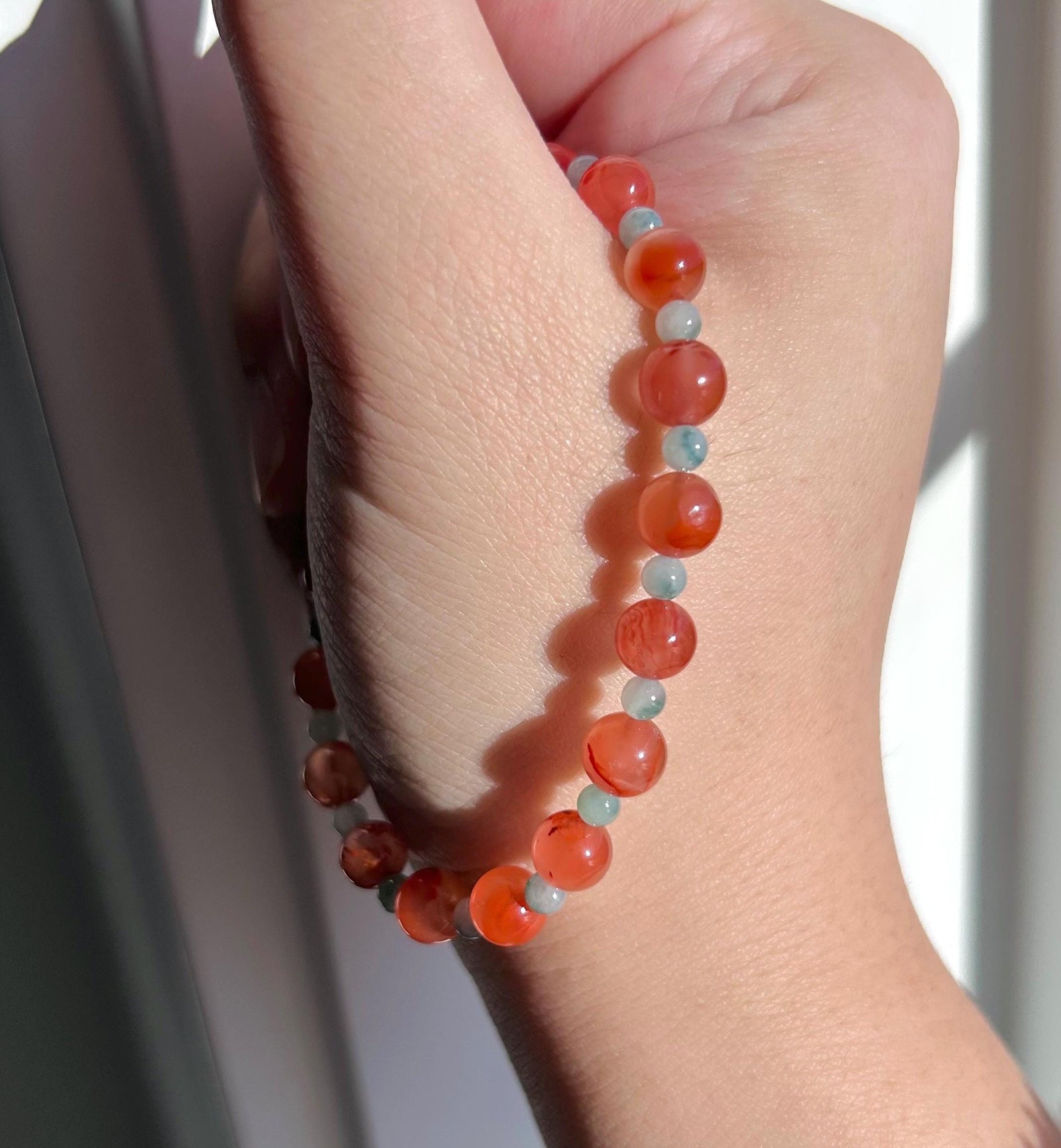 Natural Nanhong Agate & Burmese Jadeite Beaded Bracelet Type A Icy Translucent Blue Floral Jade 3.5mm, Red Agate 6.5mm