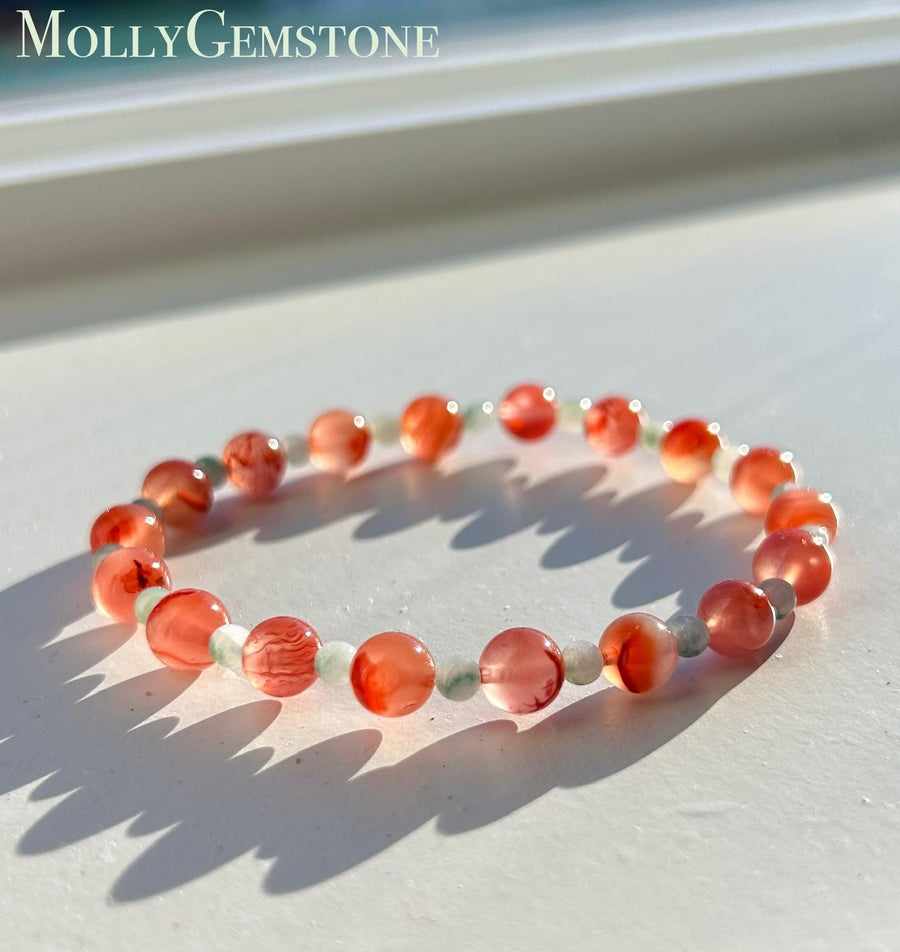 Natural Nanhong Agate & Burmese Jadeite Beaded Bracelet Type A Icy Translucent Blue Floral Jade 3.5mm, Red Agate 6.5mm