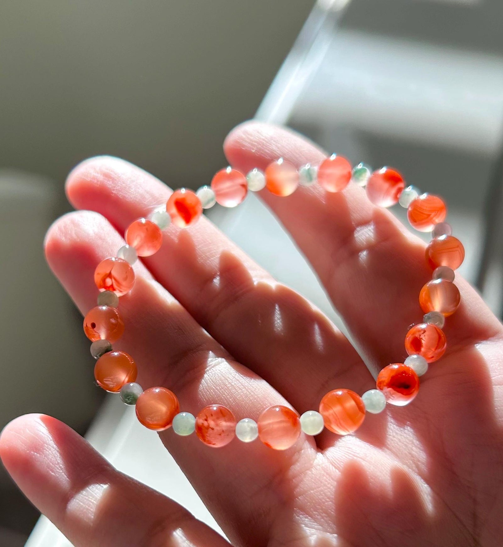 Natural Nanhong Agate & Burmese Jadeite Beaded Bracelet Type A Icy Translucent Blue Floral Jade 3.5mm, Red Agate 6.5mm