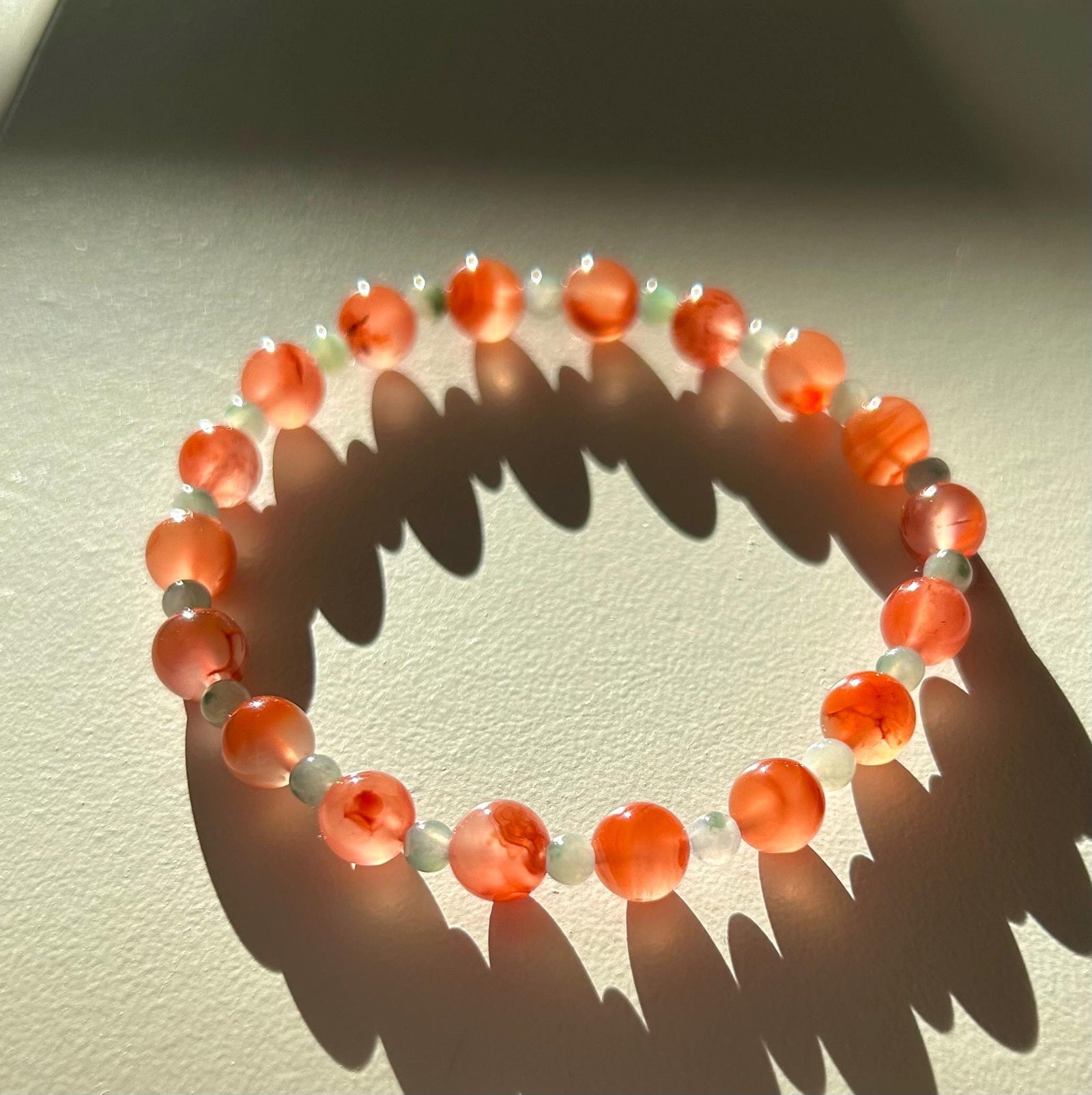 Natural Nanhong Agate & Burmese Jadeite Beaded Bracelet Type A Icy Translucent Blue Floral Jade 3.5mm, Red Agate 6.5mm