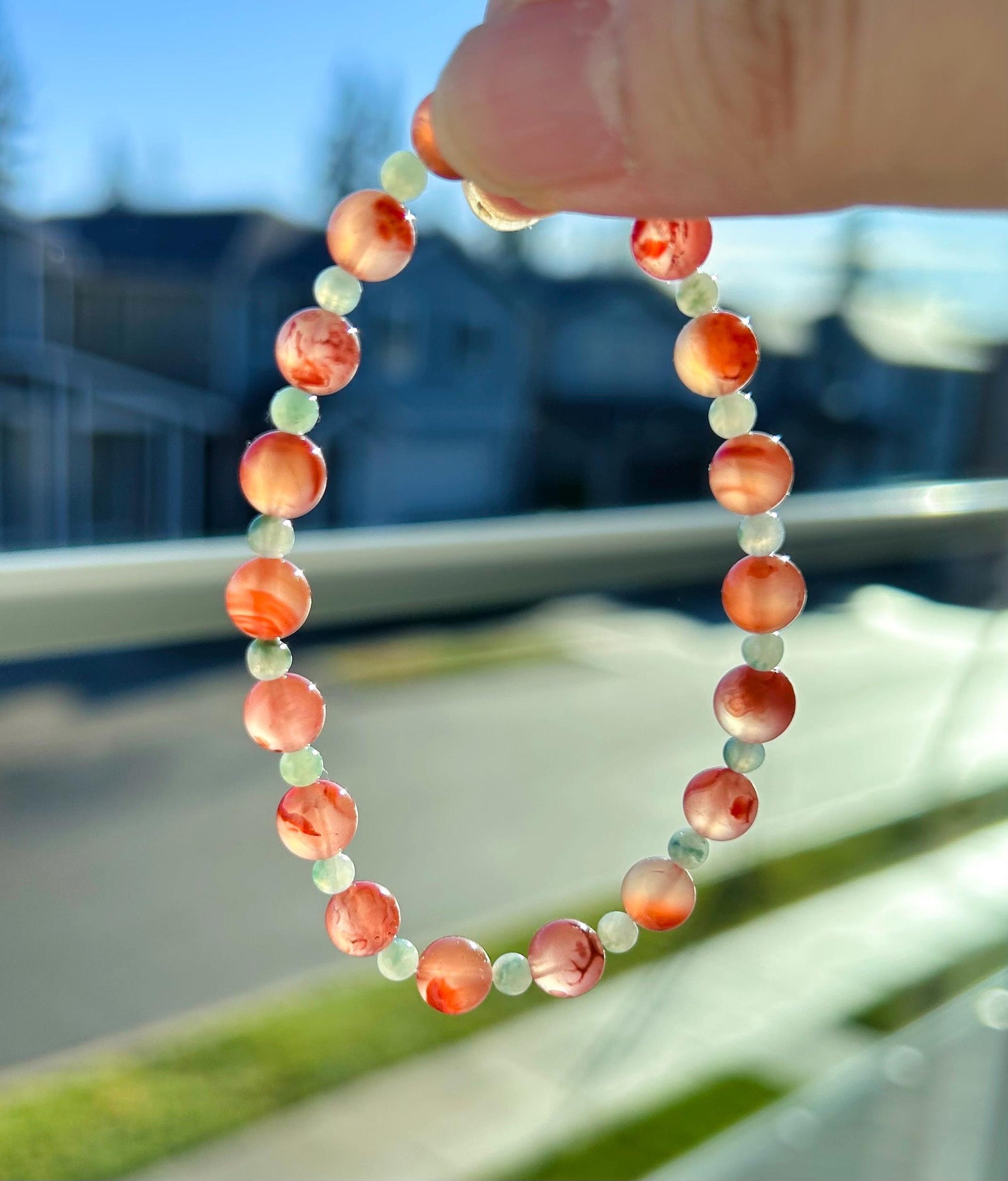 Natural Nanhong Agate & Burmese Jadeite Beaded Bracelet Type A Icy Translucent Blue Floral Jade 3.5mm, Red Agate 6.5mm