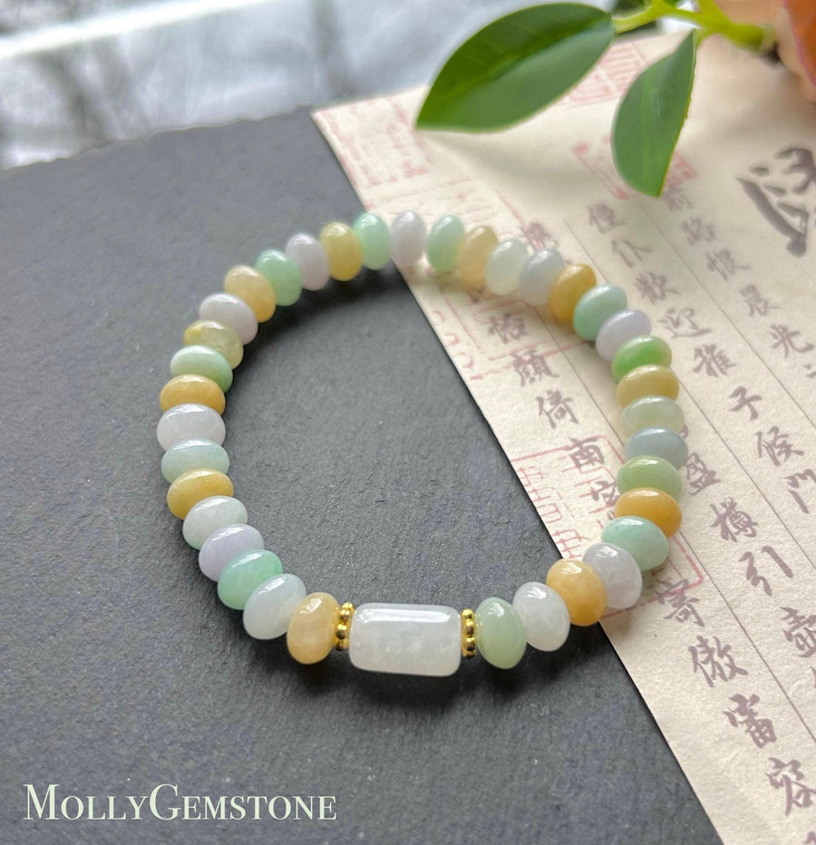 Natural Jadeite Beaded Bracelet - Burmese Type A Icy Translucent Multicolor Jade 7.8mm