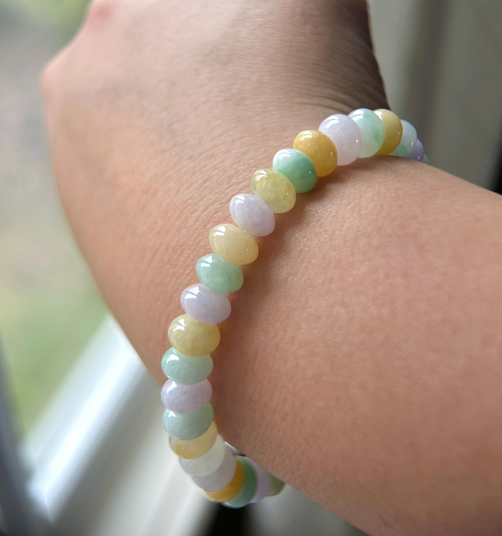 Natural Jadeite Beaded Bracelet - Burmese Type A Icy Translucent Multicolor Jade 7.8mm