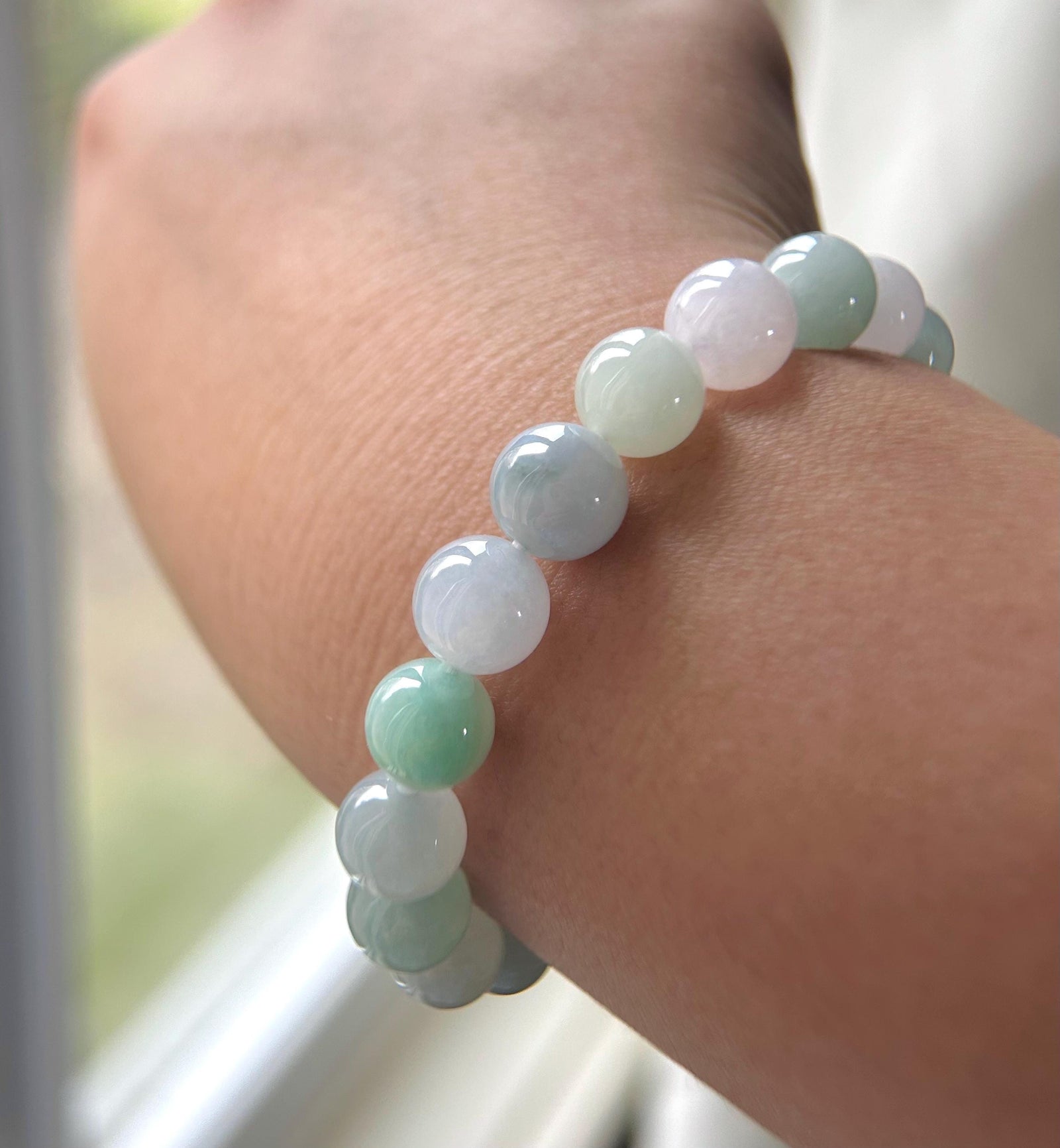 Natural Jadeite Beaded Bracelet - Burmese Type A Highly Translucent Icy Pastel Multicolor Jade 9.8mm