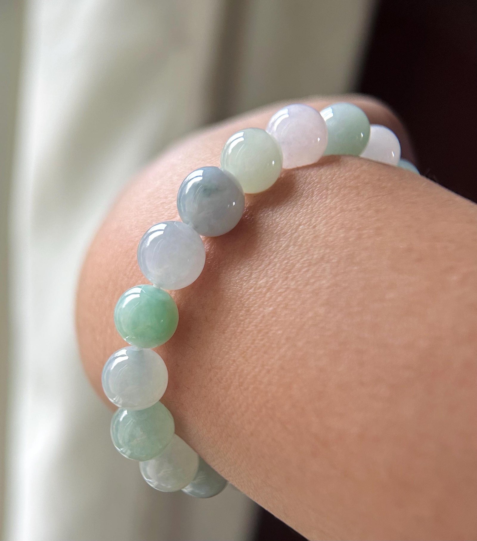 Natural Jadeite Beaded Bracelet - Burmese Type A Highly Translucent Icy Pastel Multicolor Jade 9.8mm