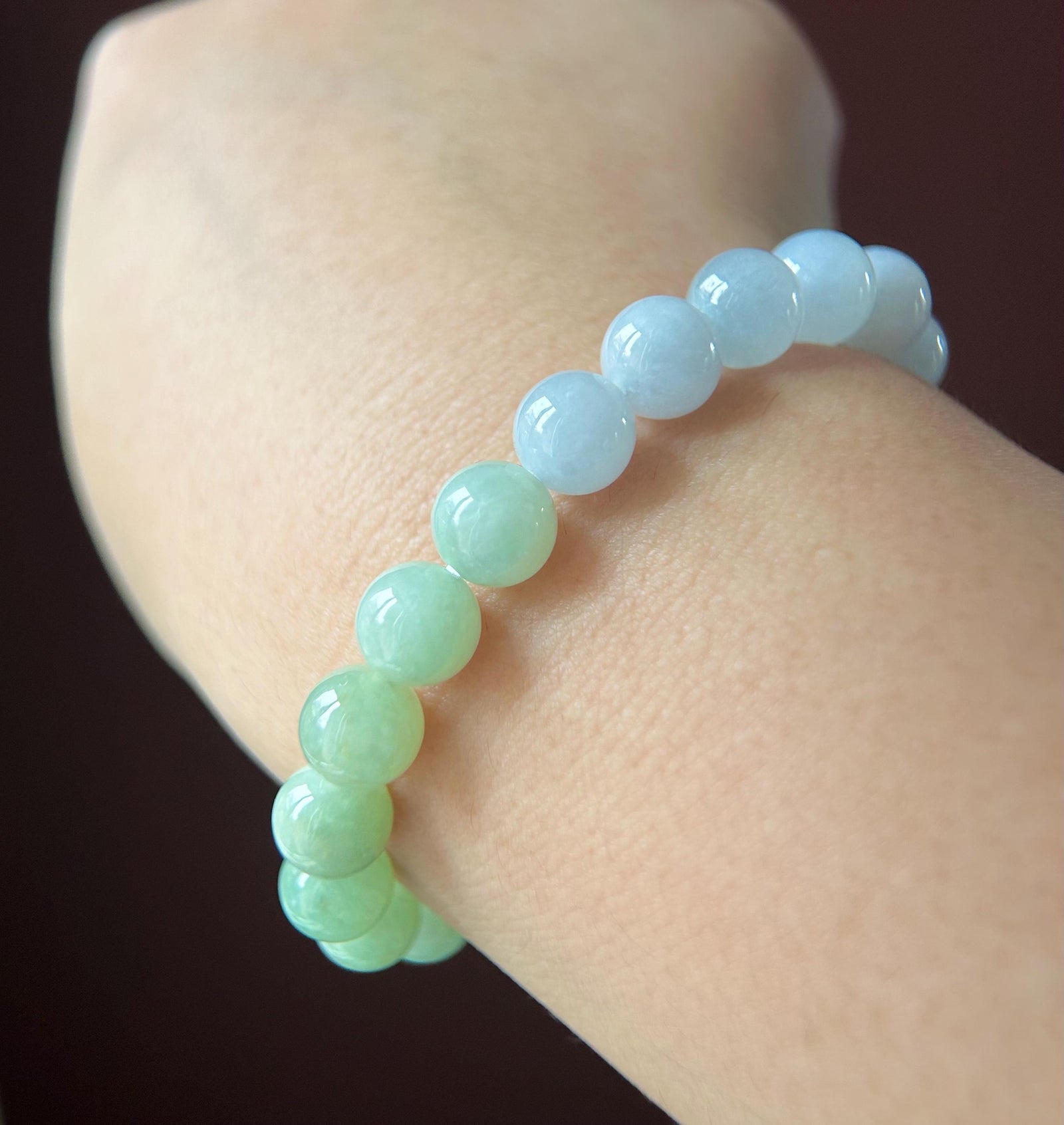 Natural Jadeite Beaded Bracelet Burmese Type A Translucent Icy Green & Blue Gradient Color Jade 9mm