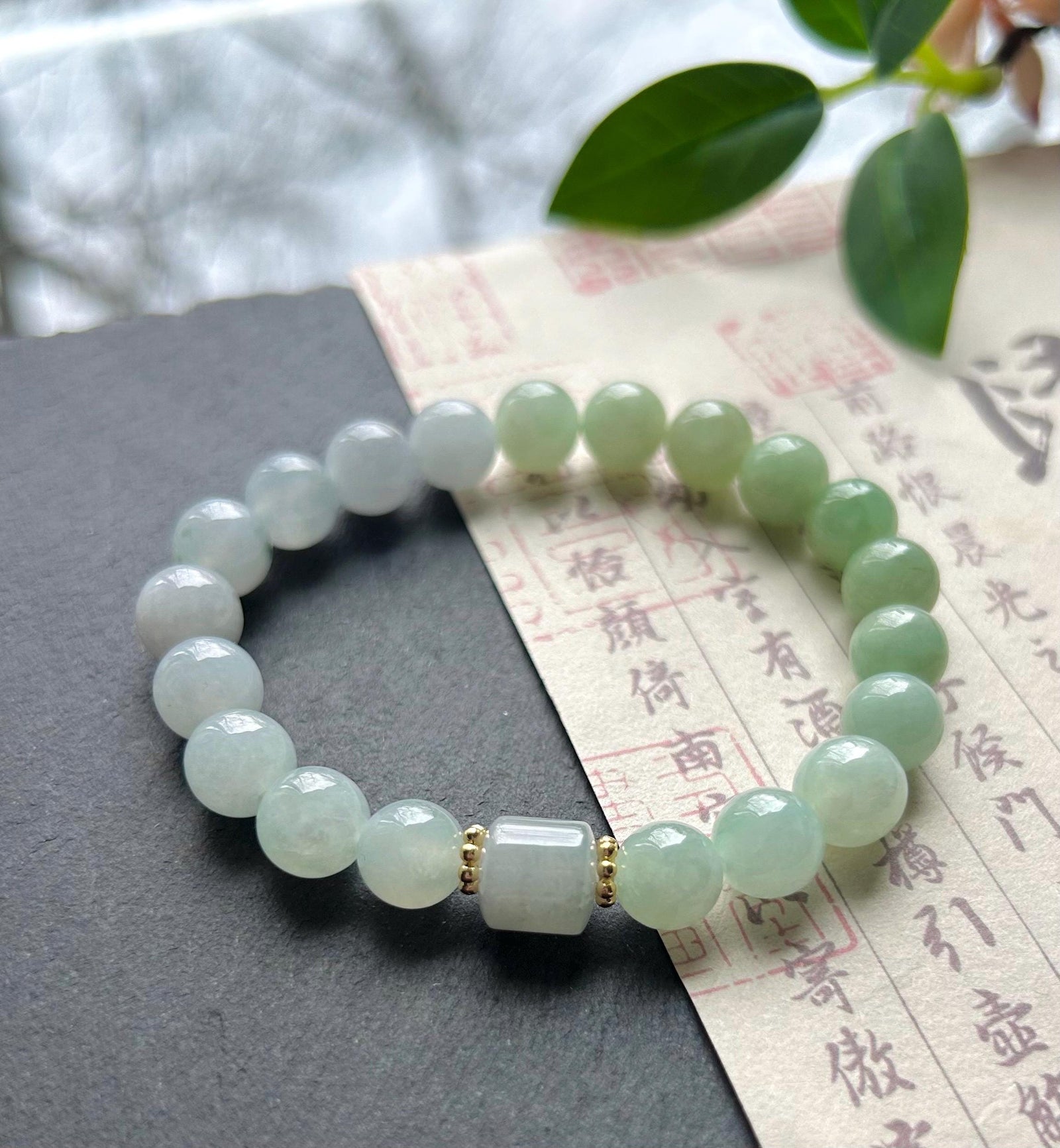 Natural Jadeite Beaded Bracelet Burmese Type A Translucent Icy Green & Blue Gradient Color Jade 9mm