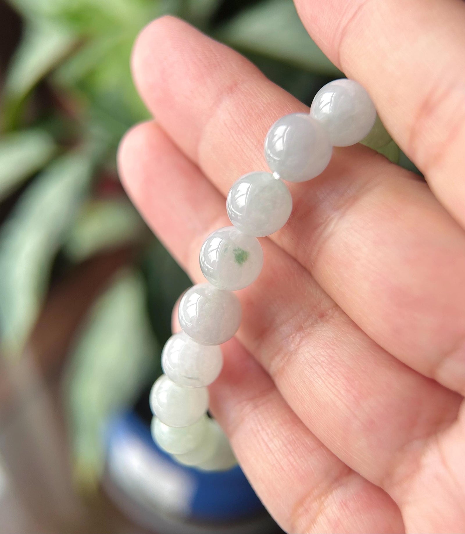 Natural Jadeite Beaded Bracelet Burmese Type A Translucent Icy Green & Blue Gradient Color Jade 9mm