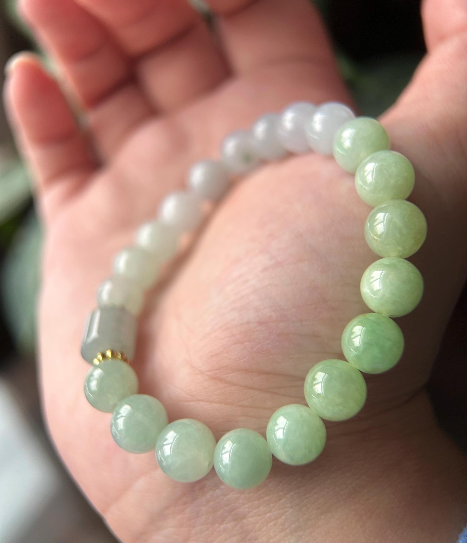 Natural Jadeite Beaded Bracelet Burmese Type A Translucent Icy Green & Blue Gradient Color Jade 9mm