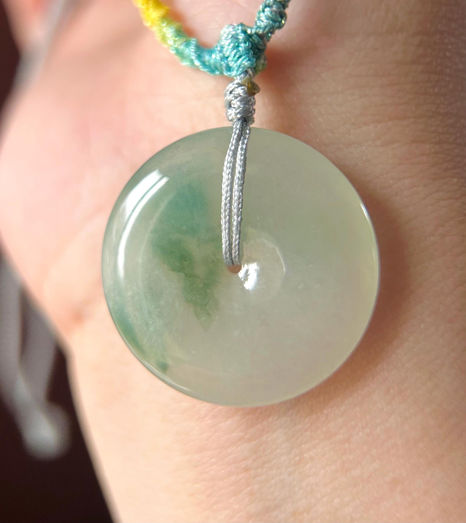 Natural Jadeite Jade Lucky Donut Pendant Handwoven Necklace Burmese Type A Icy Green Floral Jade PingAnKou 29.5x6.5mm
