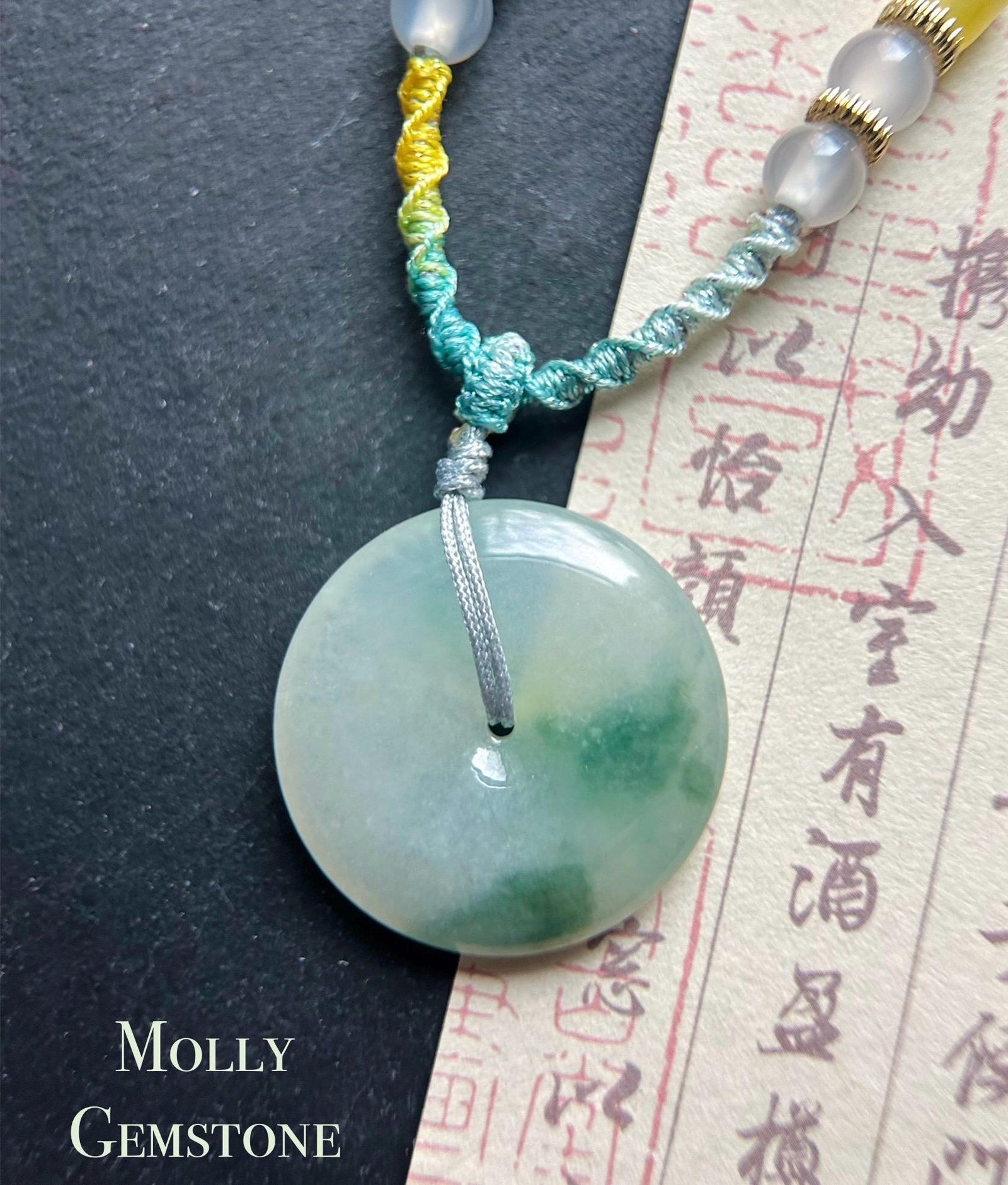 Natural Jadeite Jade Lucky Donut Pendant Handwoven Necklace Burmese Type A Icy Green Floral Jade PingAnKou 29.5x6.5mm