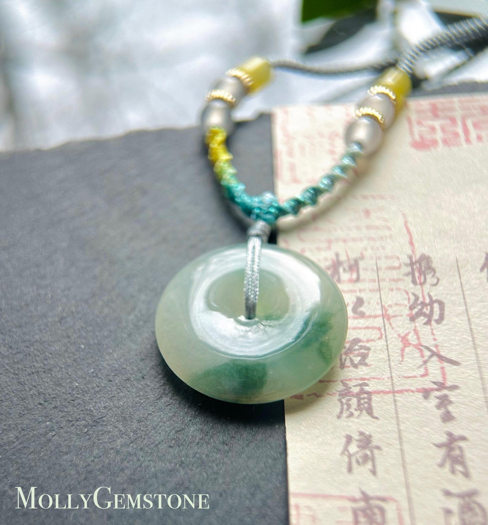 Natural Jadeite Jade Lucky Donut Pendant Handwoven Necklace Burmese Type A Icy Green Floral Jade PingAnKou 29.5x6.5mm