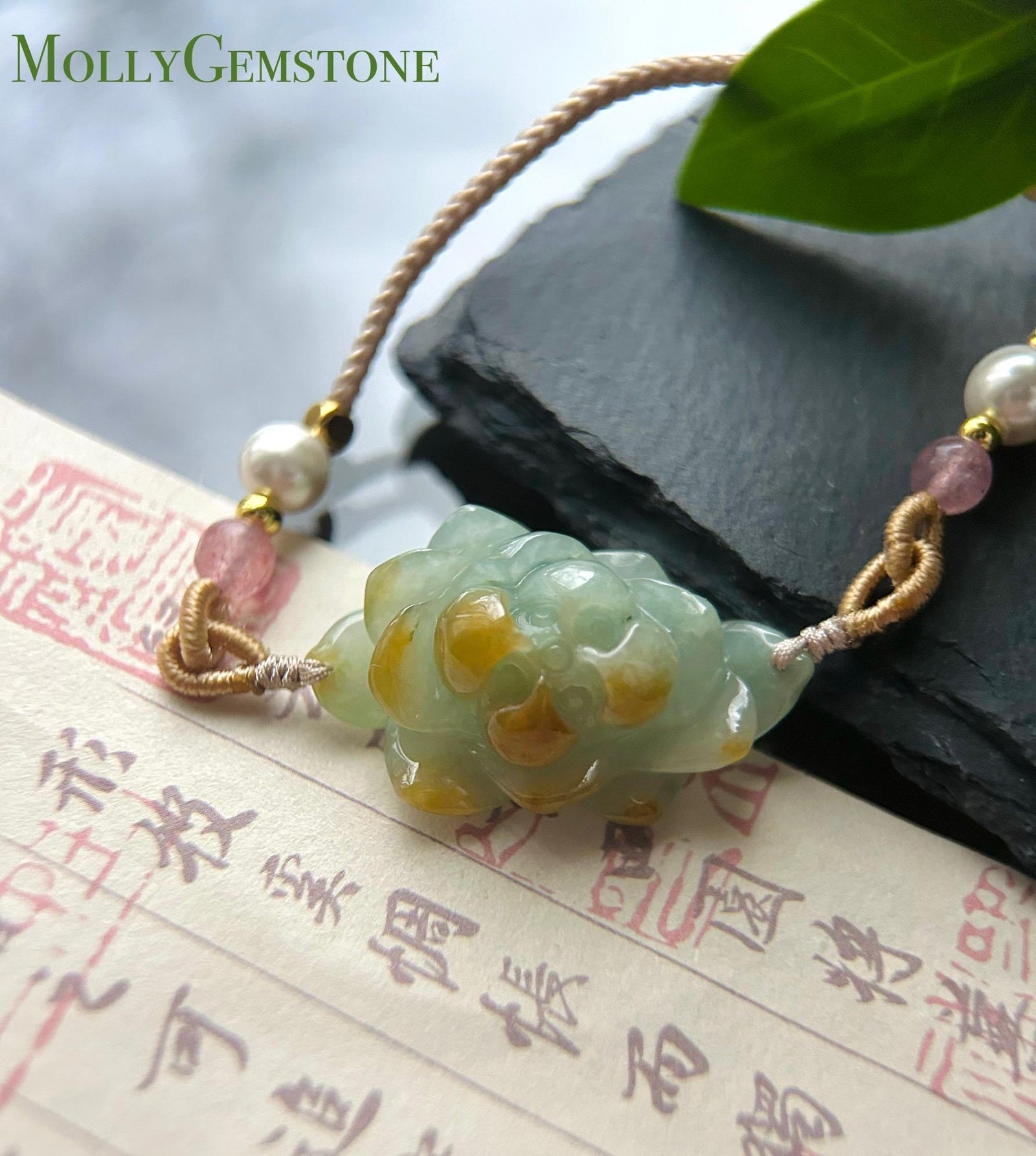 Natural Burmese Jadeite HandCarved Lotus Flower Pendant Handwoven Necklace - Type A Icy Gelatinous Dusty Blue & Yellow Jade