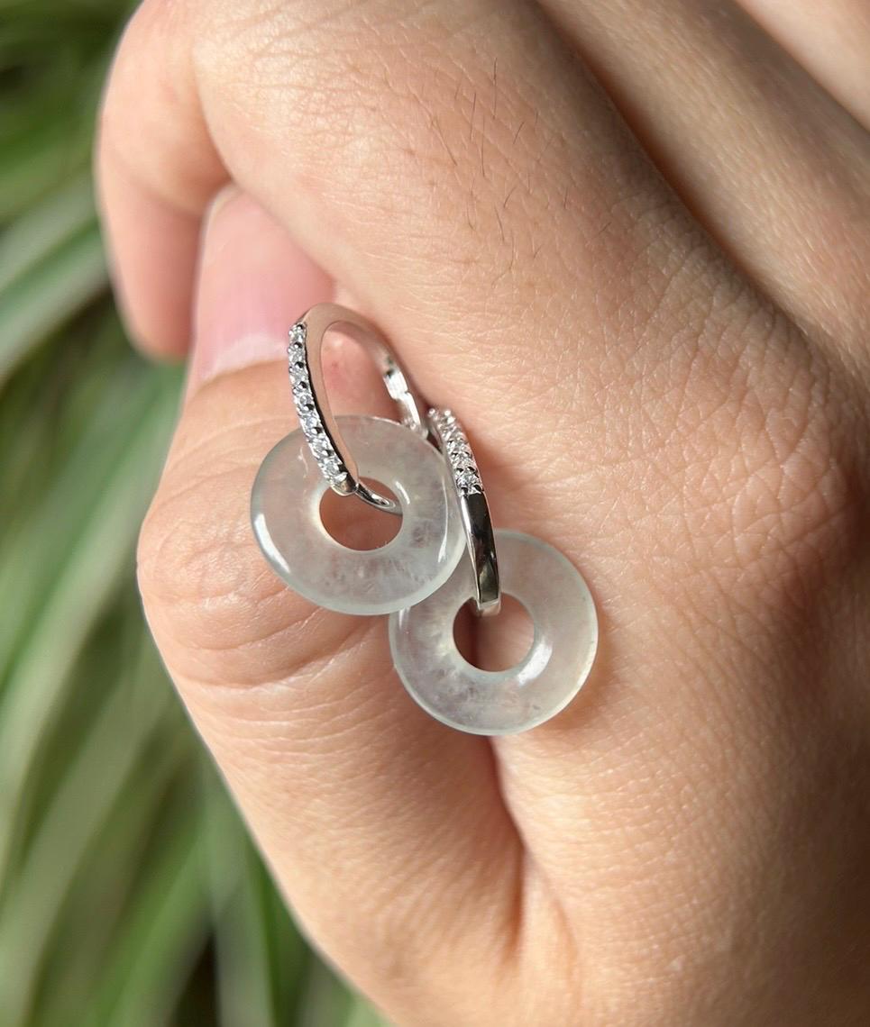 Natural Jadeite Lucky Donut Earrings: Burmese Type A Untreated Highly Translucent Icy White/Pale Blue Jade, Sterling Silver