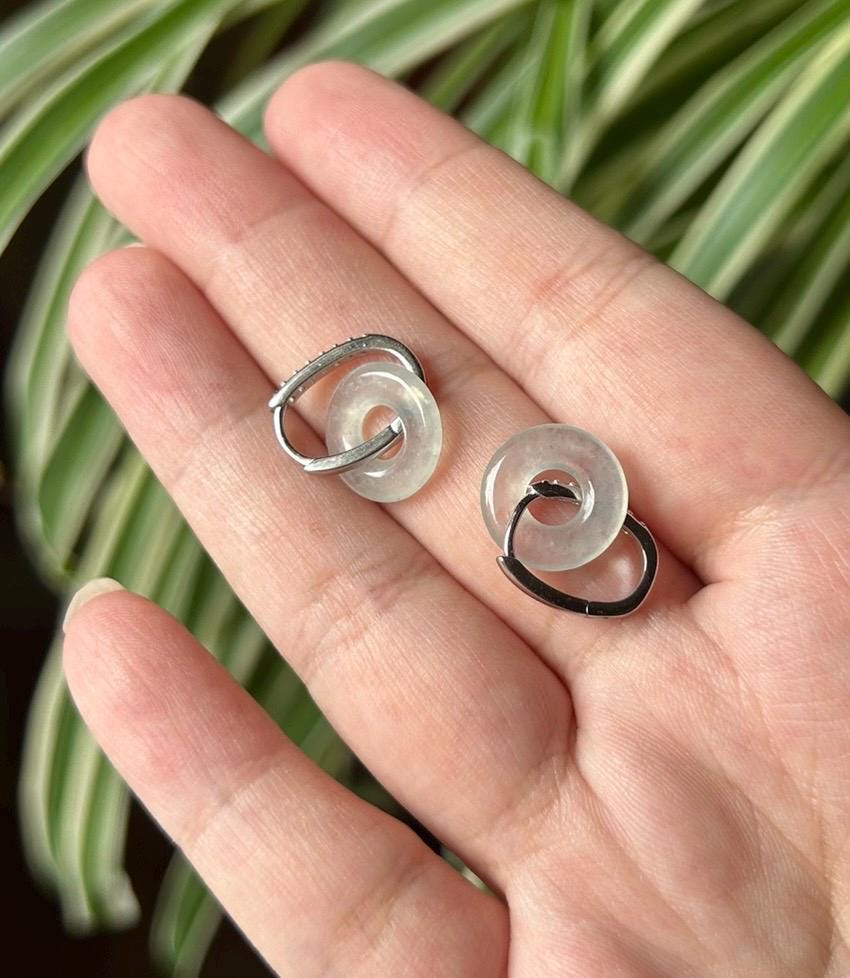 Natural Jadeite Lucky Donut Earrings: Burmese Type A Untreated Highly Translucent Icy White/Pale Blue Jade, Sterling Silver