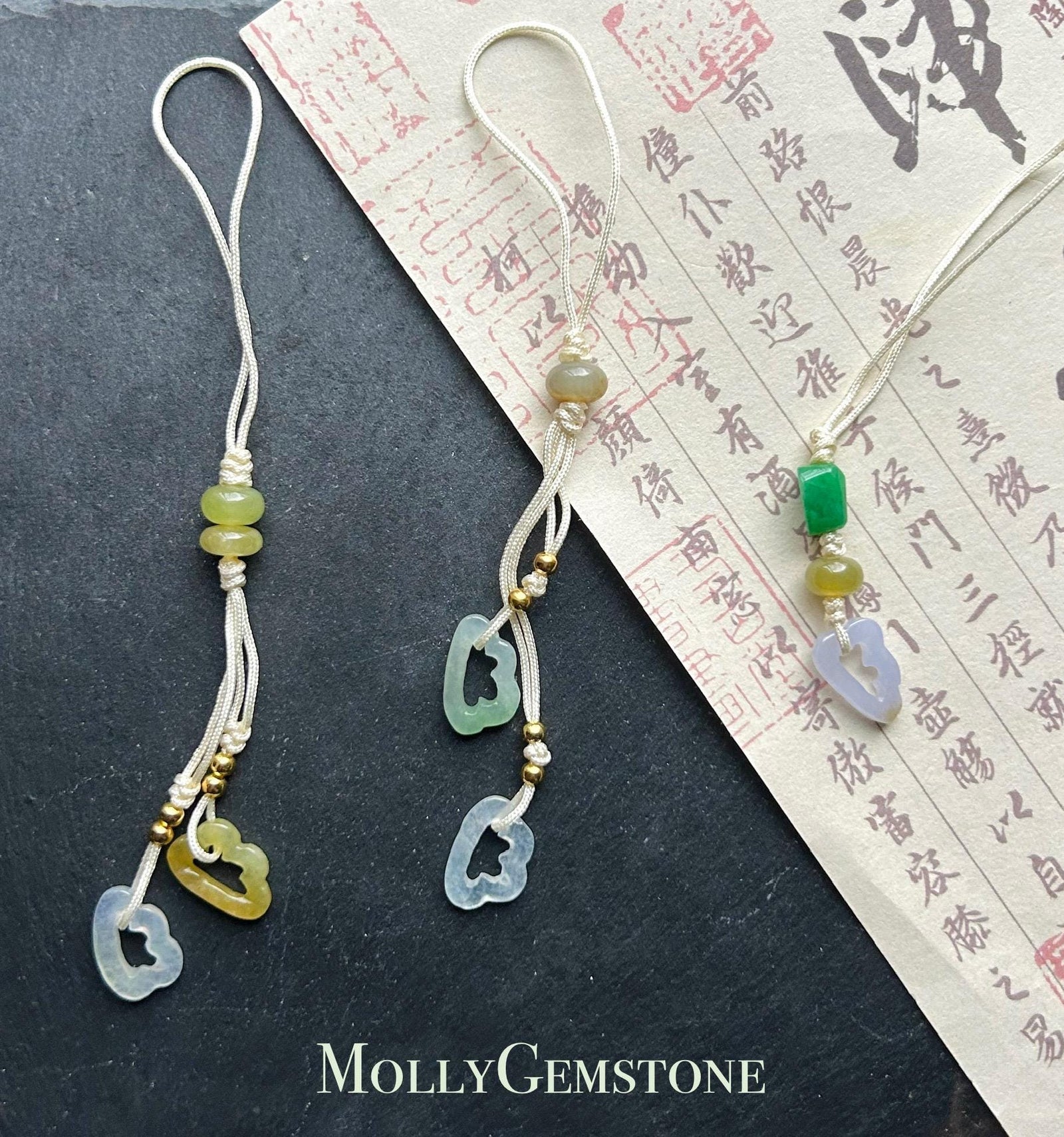 Natural Jadeite Handwoven Phone Charm Keychain Protection Authentic Untreated Type A Burmese Jade RuYi Clouds Chinese Knot