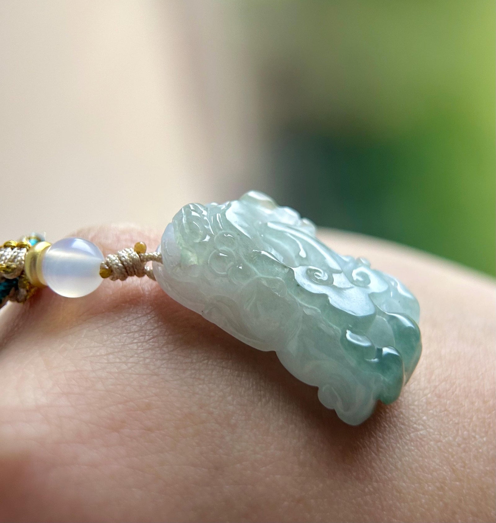 Natural Burmese Jadeite HandCarved Pixiu Pendant Handwoven Necklace Jewelry - Type A Icy Translucent Green & White Jade