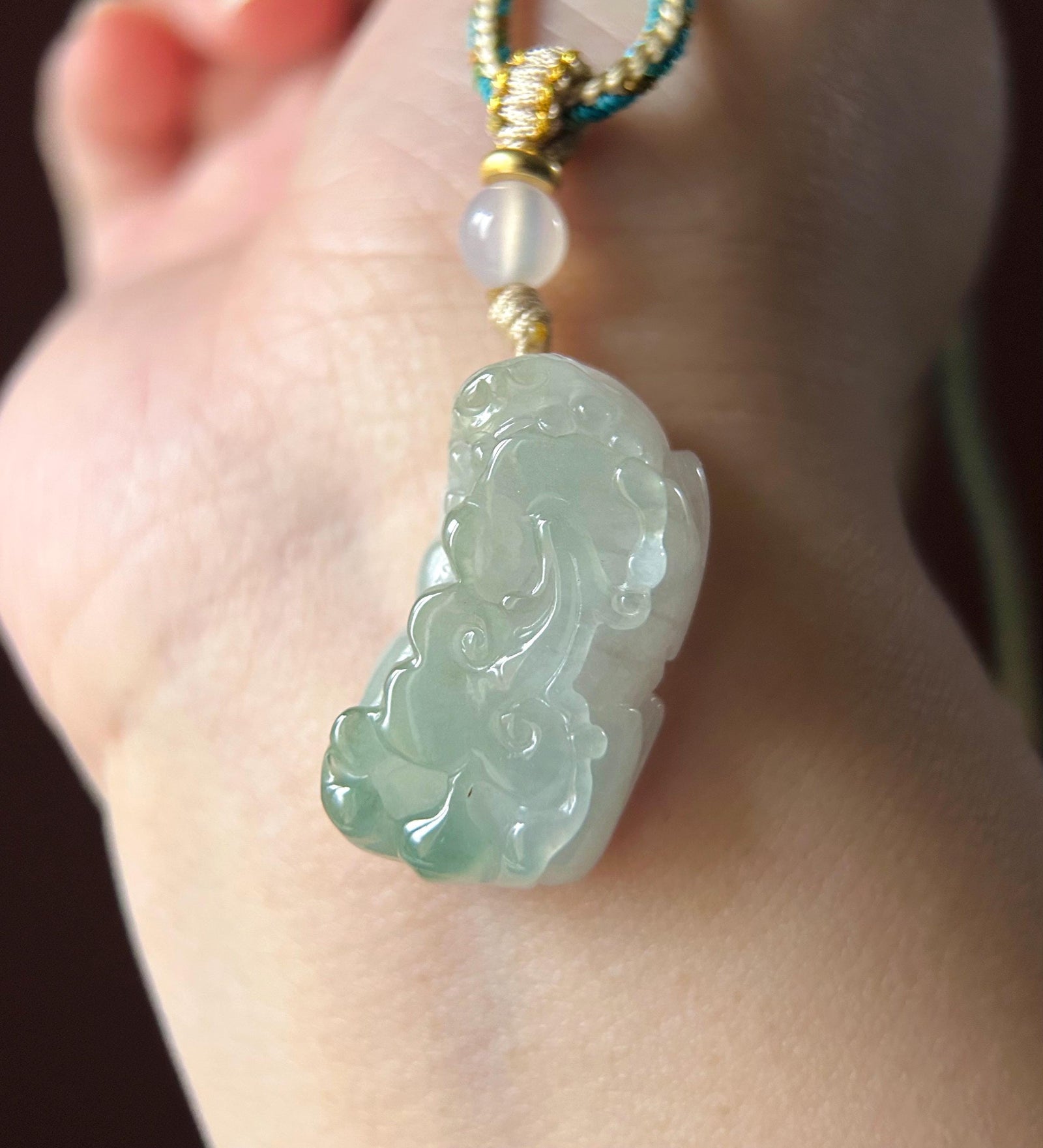 Natural Burmese Jadeite HandCarved Pixiu Pendant Handwoven Necklace Jewelry - Type A Icy Translucent Green & White Jade