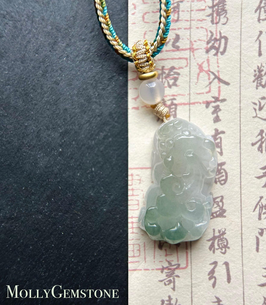Natural Burmese Jadeite HandCarved Pixiu Pendant Handwoven Necklace Jewelry - Type A Icy Translucent Green & White Jade