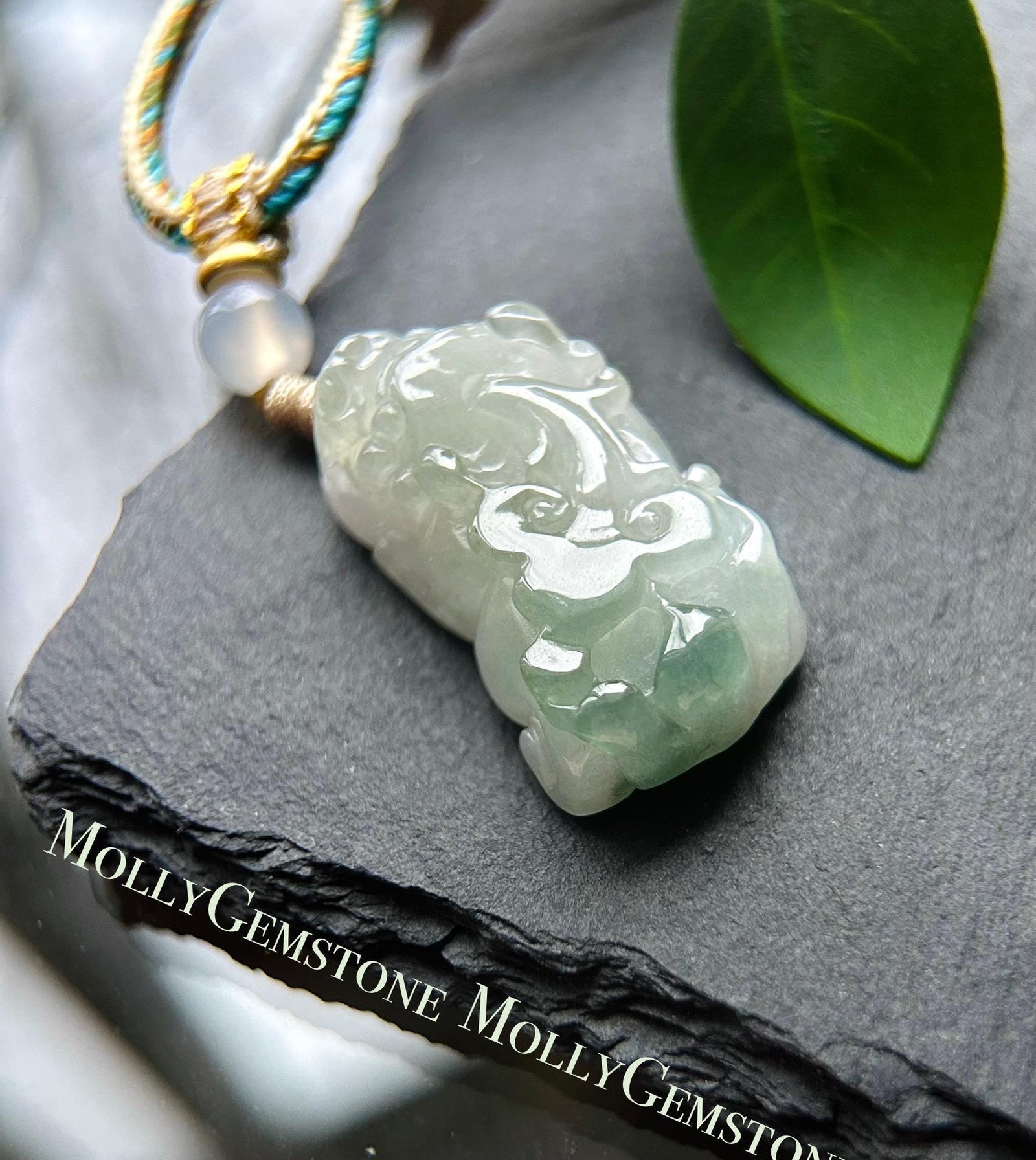 Natural Burmese Jadeite HandCarved Pixiu Pendant Handwoven Necklace Jewelry - Type A Icy Translucent Green & White Jade