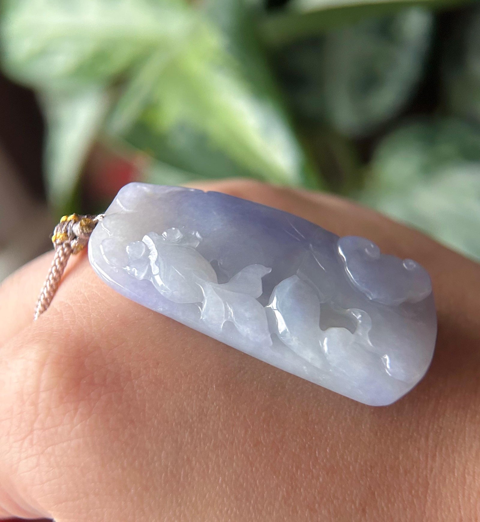 Natural Burmese Icy Lavender Purple Jadeite Goldfish & Lotus Pendant – Type A Untreated Jade – Hand Carved Lucky Fish Necklace