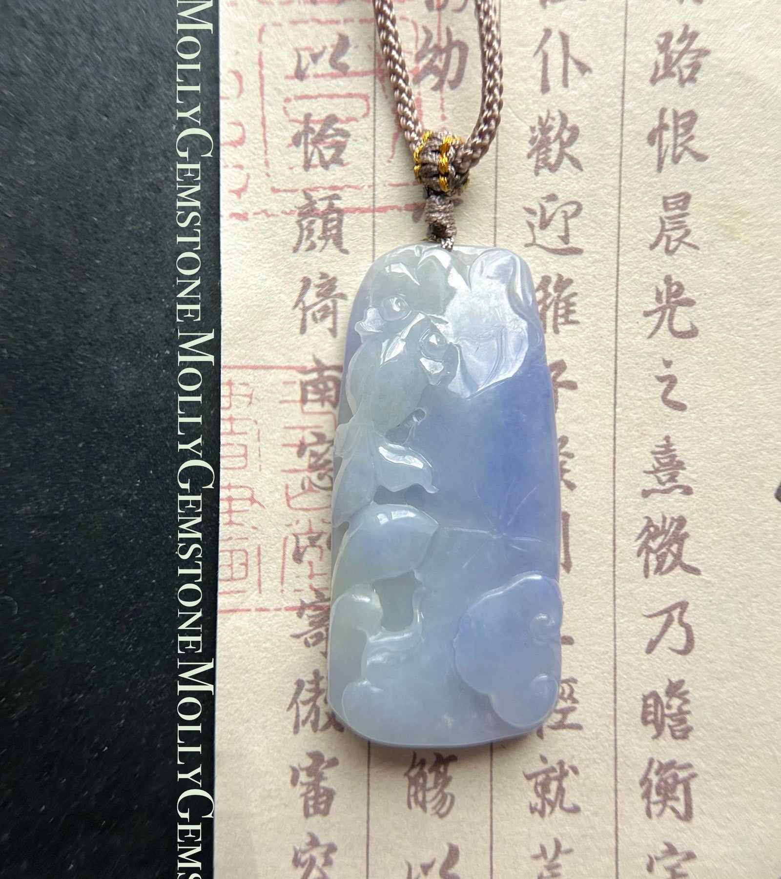 Natural Burmese Icy Lavender Purple Jadeite Goldfish & Lotus Pendant – Type A Untreated Jade – Hand Carved Lucky Fish Necklace