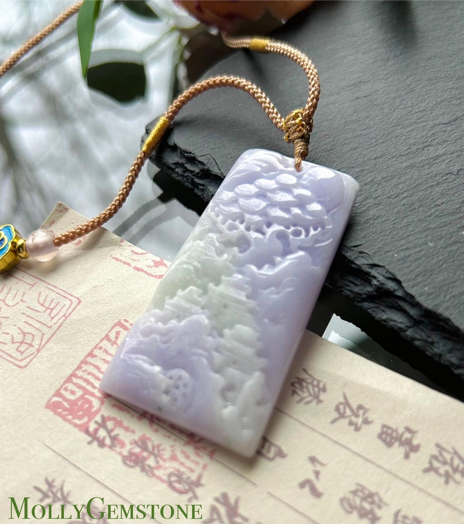 Natural Purple Jadeite Pendant, Burmese Type A Icy Pinkish Lavender Jade Landscape, Feng Shui Prosperity Amulet