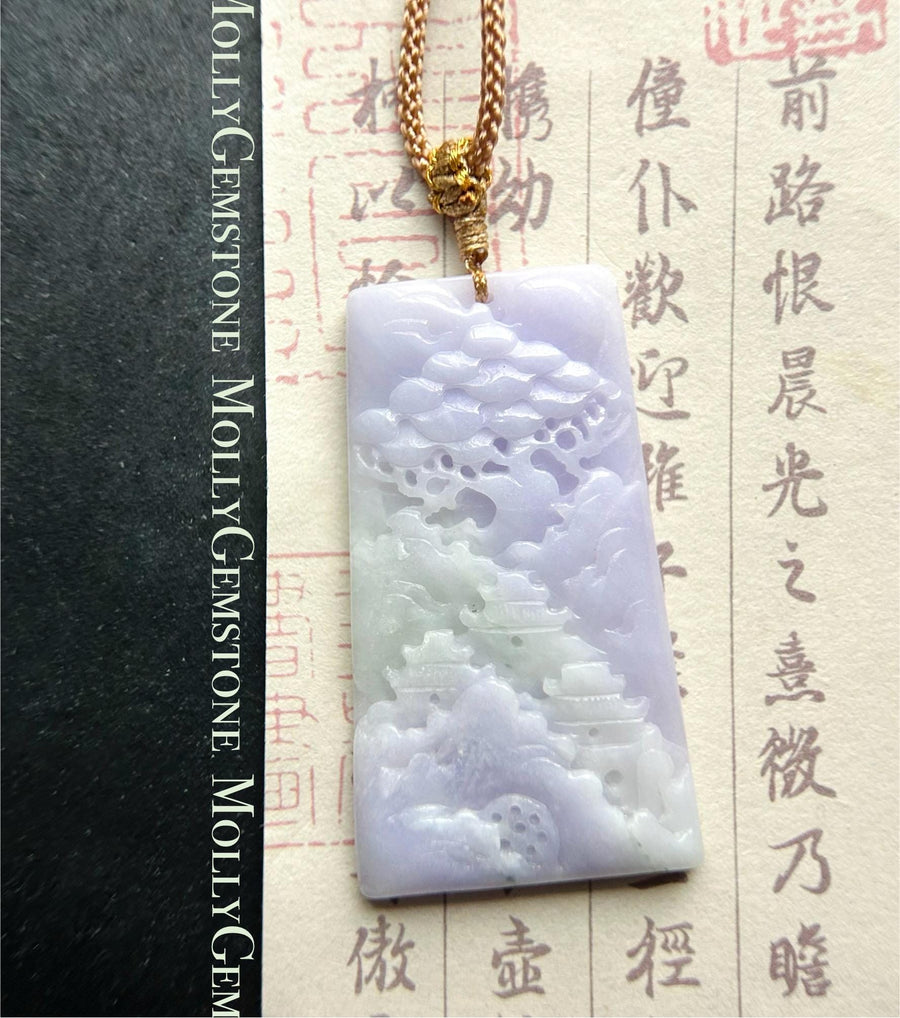 Natural Purple Jadeite Pendant, Burmese Type A Icy Pinkish Lavender Jade Landscape, Feng Shui Prosperity Amulet