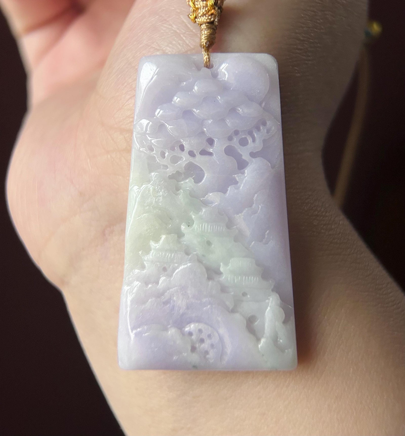 Natural Purple Jadeite Pendant, Burmese Type A Icy Pinkish Lavender Jade Landscape, Feng Shui Prosperity Amulet