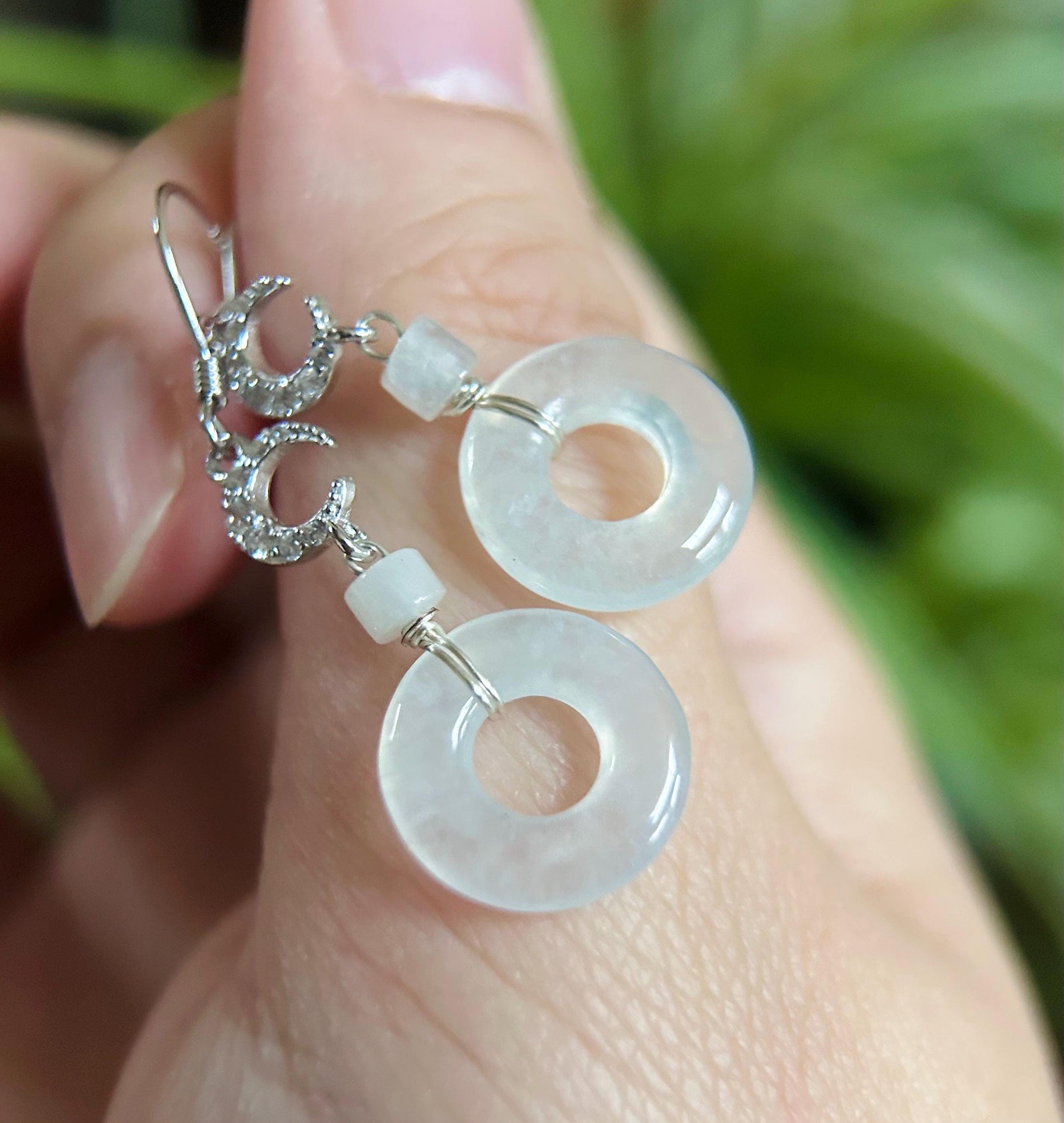 Natural Jadeite Lucky Donut Earrings: Burmese Type A Untreated Highly Translucent Icy White Jade, Sterling Silver
