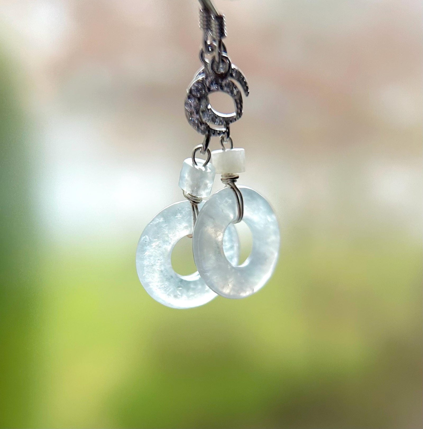 Natural Jadeite Lucky Donut Earrings: Burmese Type A Untreated Highly Translucent Icy White Jade, Sterling Silver
