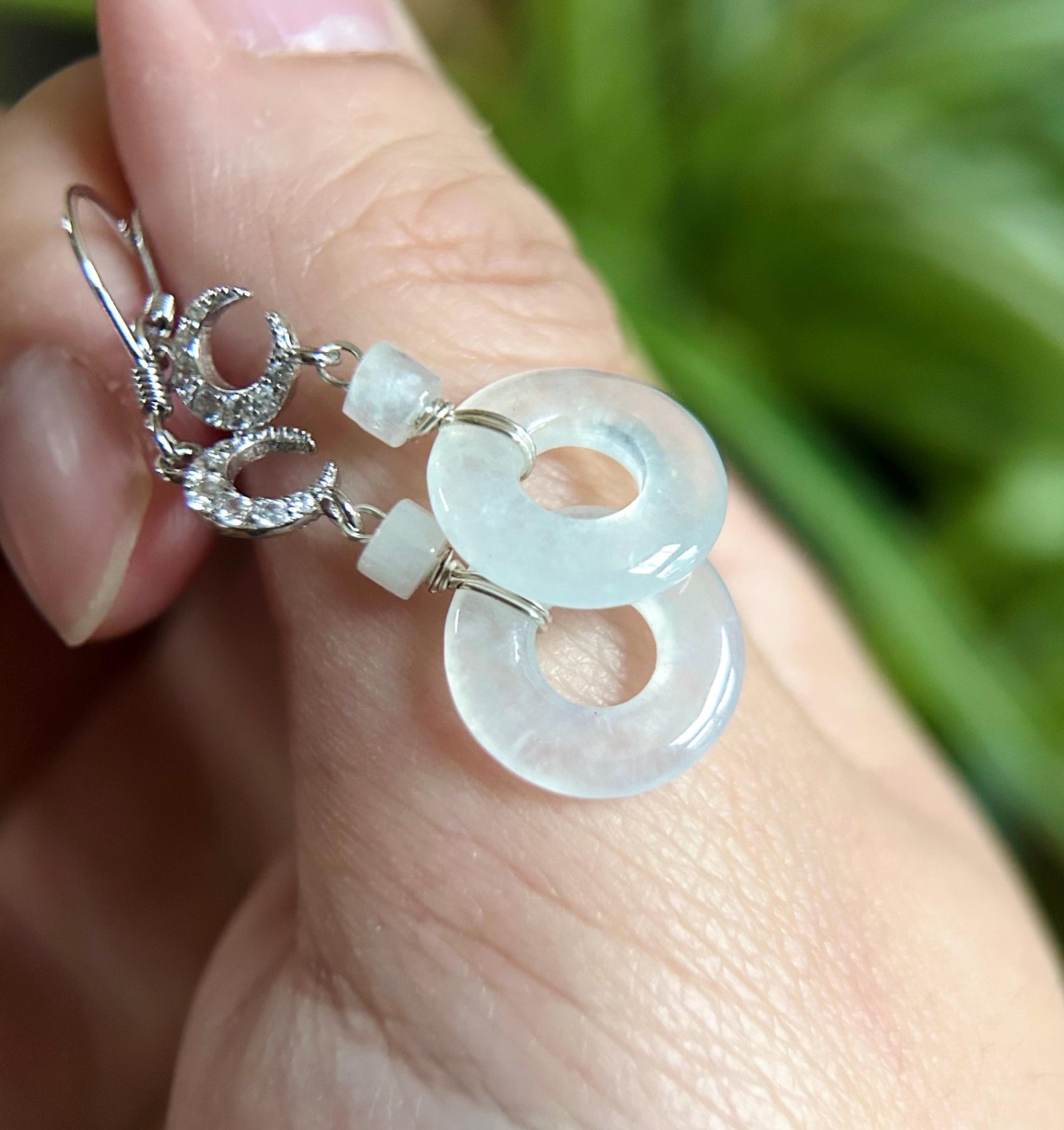 Natural Jadeite Lucky Donut Earrings: Burmese Type A Untreated Highly Translucent Icy White Jade, Sterling Silver