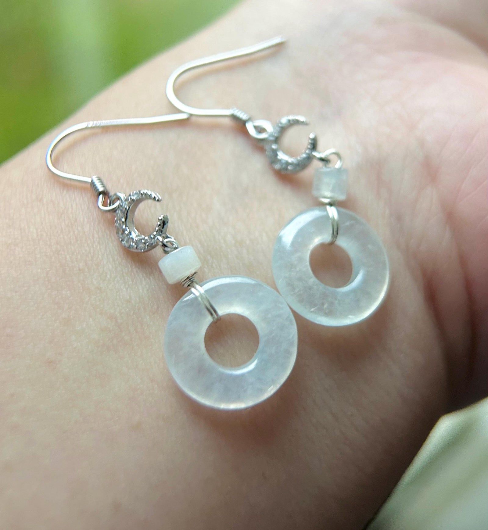 Natural Jadeite Lucky Donut Earrings: Burmese Type A Untreated Highly Translucent Icy White Jade, Sterling Silver