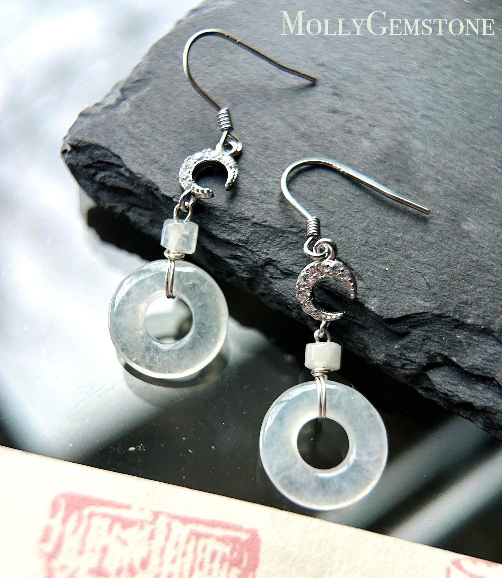 Natural Jadeite Lucky Donut Earrings: Burmese Type A Untreated Highly Translucent Icy White Jade, Sterling Silver