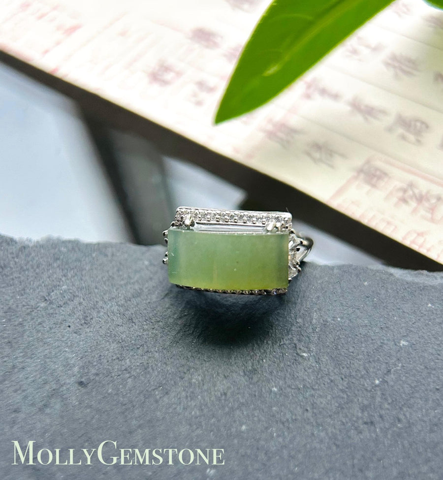 Burmese Jadeite Ring: Yellowish Green GreenTea Color Jade with Sterling Silver Adjustable Band - Certified Natural Type A
