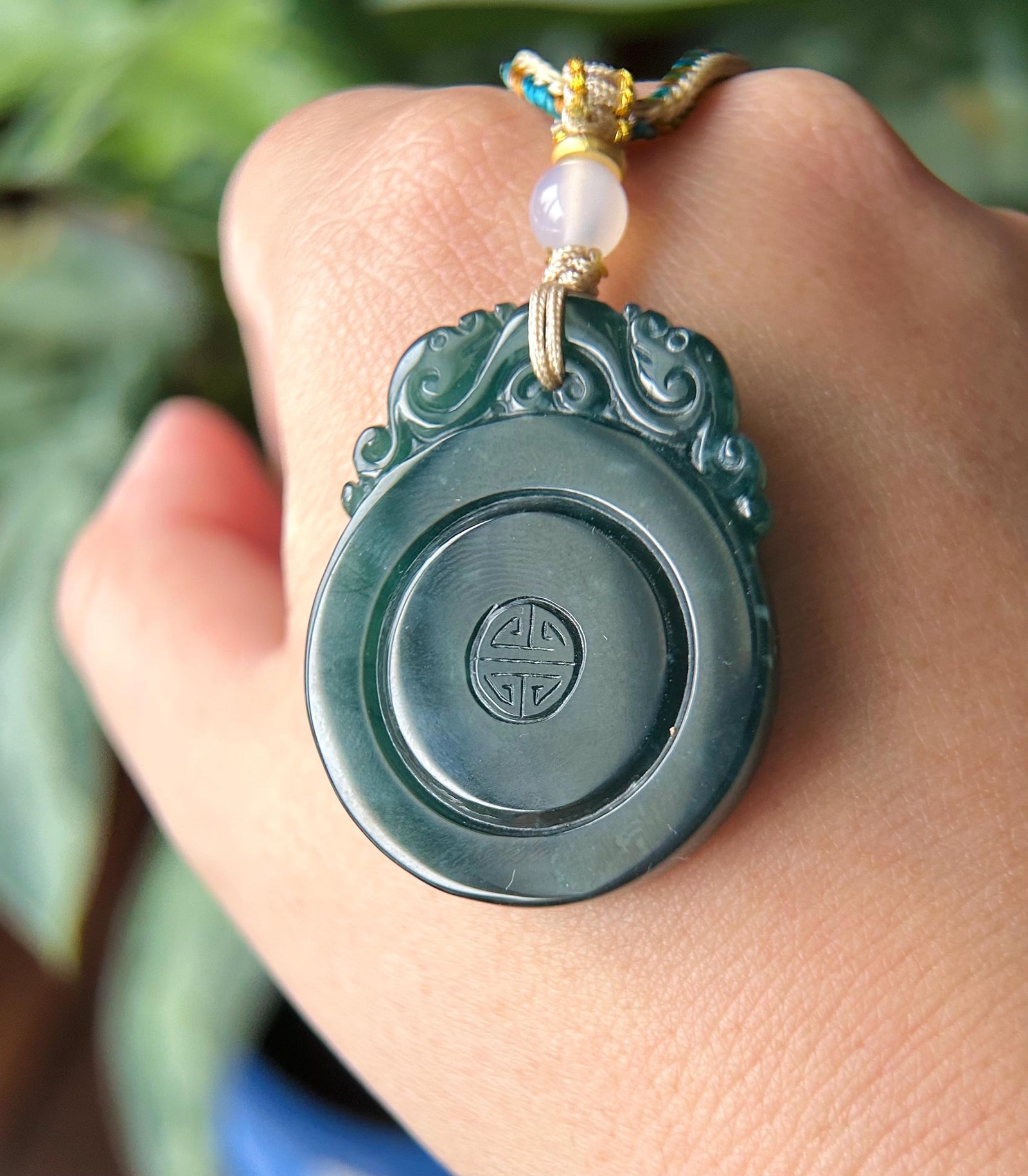Natural Jadeite Pendant Handwoven Necklace Guatemalan Type A Icy Translucent Dark Blue Jade Vintage Chinese Style Lucky Donut PingAnKou