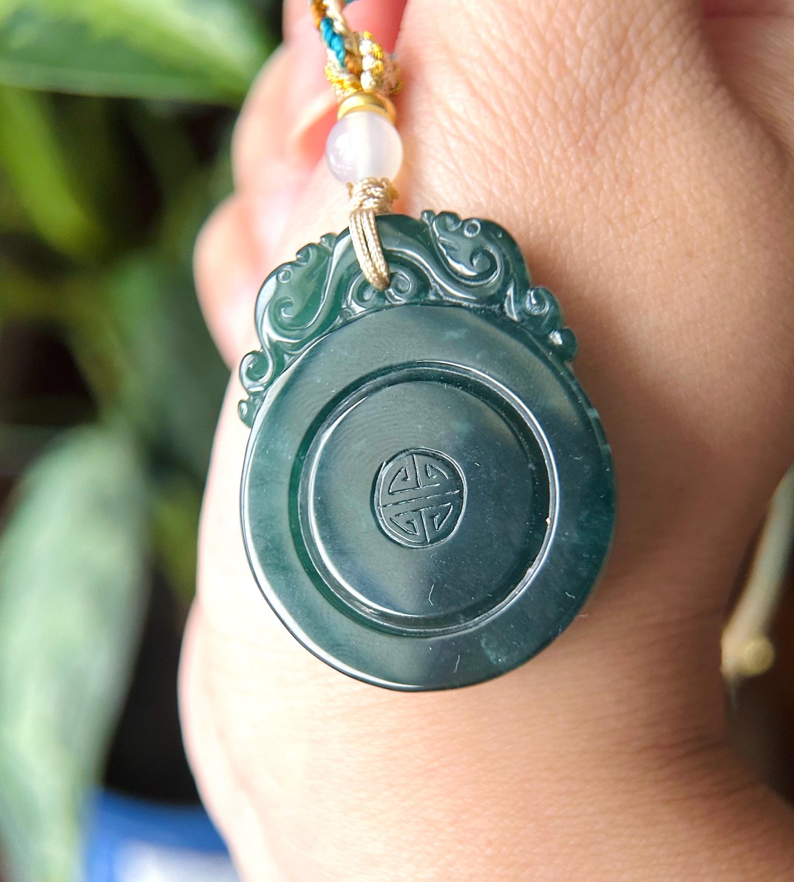 Natural Jadeite Pendant Handwoven Necklace Guatemalan Type A Icy Translucent Dark Blue Jade Vintage Chinese Style Lucky Donut PingAnKou