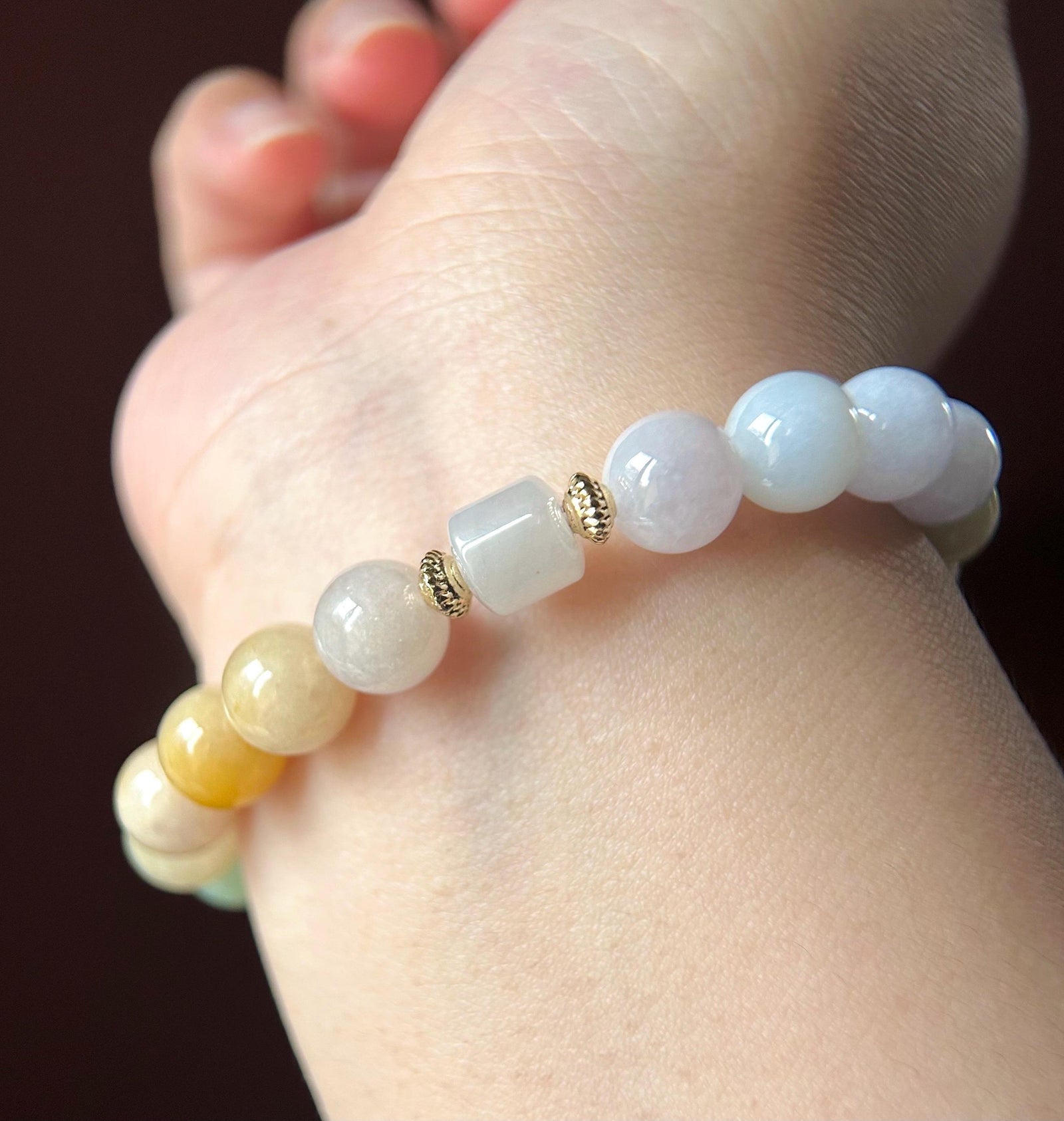 Natural Jadeite Beaded Bracelet Burmese Type A Highly Translucent Icy Rainbow Multicolor Jade 9.5mm