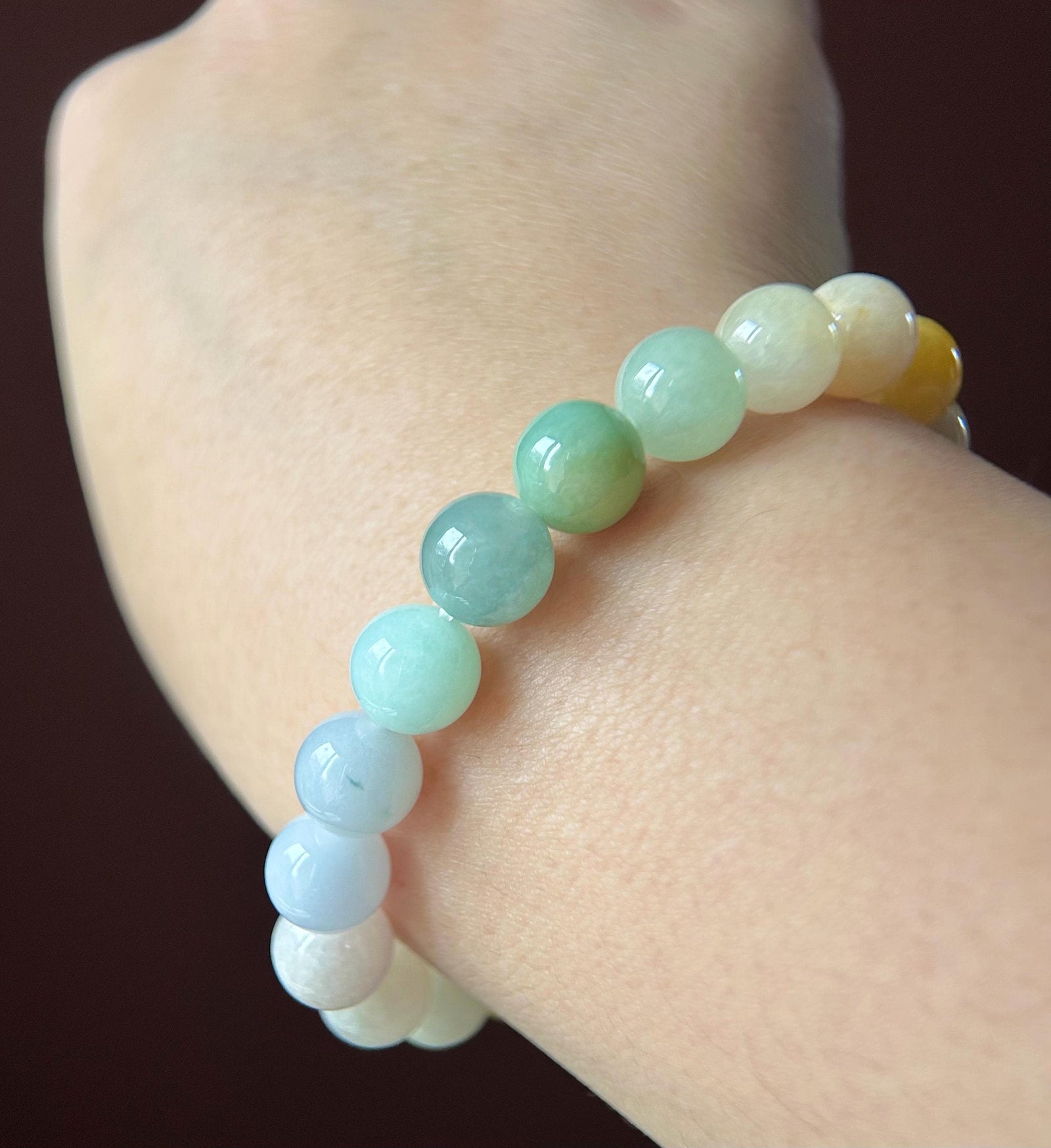 Natural Jadeite Beaded Bracelet Burmese Type A Highly Translucent Icy Rainbow Multicolor Jade 9.5mm